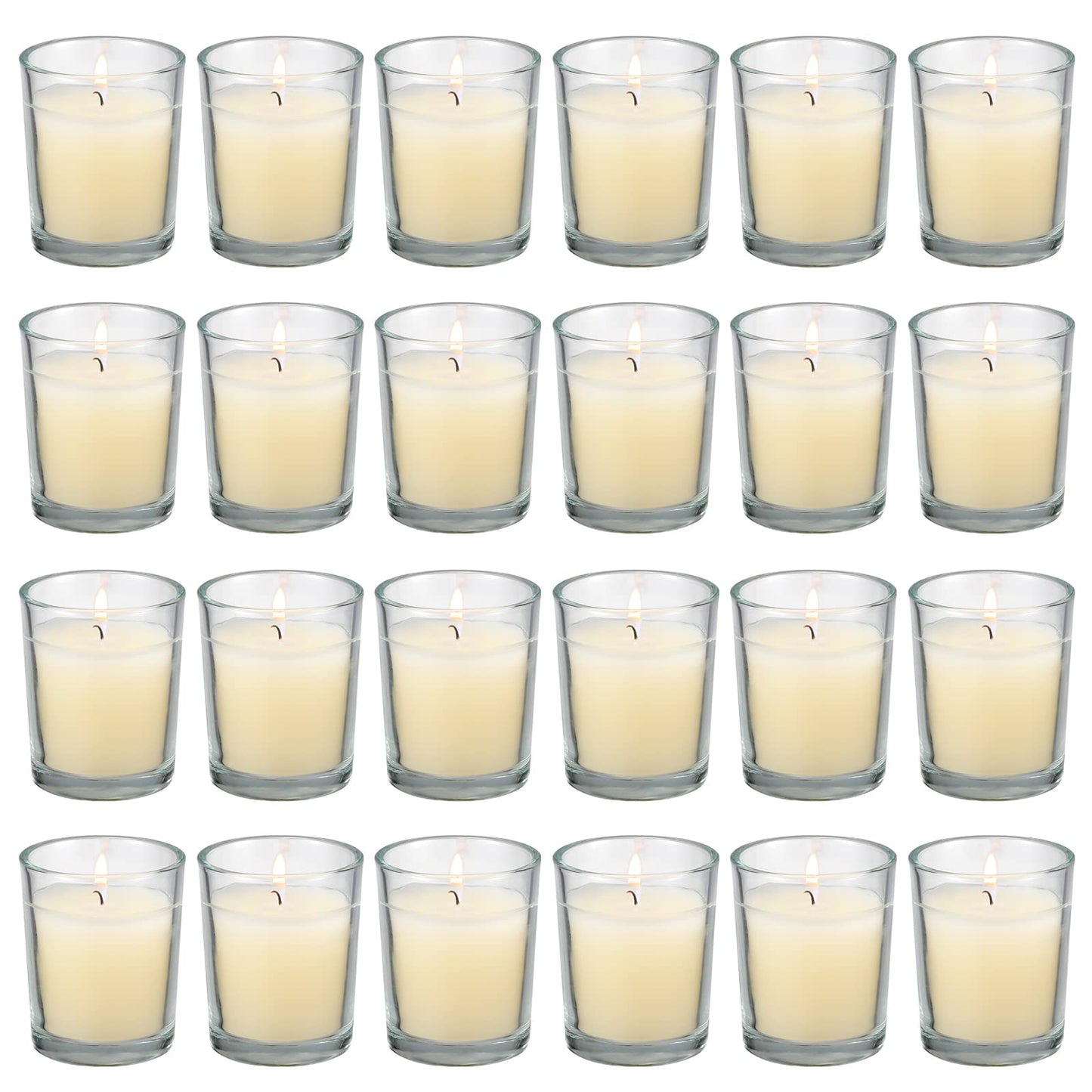 flamecan 24 Pack Clear Glass Filled Ivory Votive Candles. Unscented Votive Candles for Home Décor Spa Weddings Birthdays Holidays Party