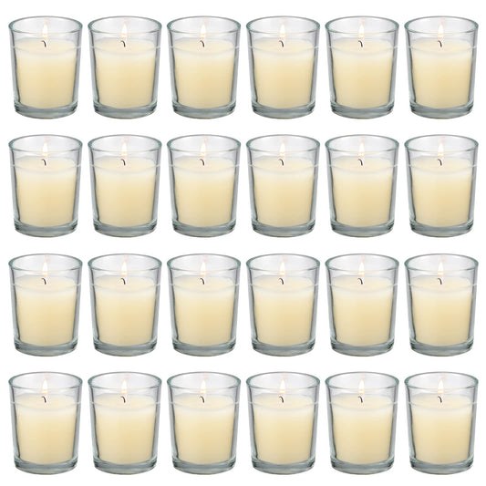 flamecan 24 Pack Clear Glass Filled Ivory Votive Candles. Unscented Votive Candles for Home Décor Spa Weddings Birthdays Holidays Party