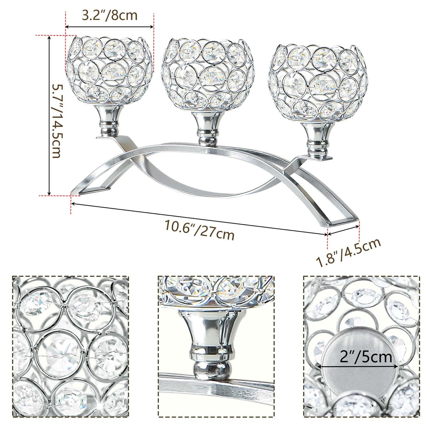 Crystal Tealight Candle Holder Centerpiece Home Decorative Candlestick Holder Elegant Table Centerpiece Home Decor Wedding Party Anniversary (Silver, 3 Arm)