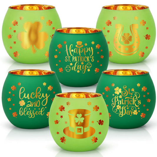 Yungyan 6 Set Green Votive Candle Holders Clovers Glass Holders Bulk with Laser Engraving Patterns Gifts for Weddings Shower Party, Table Centerpiece, Yoga & Bathroom Meditation Decoration