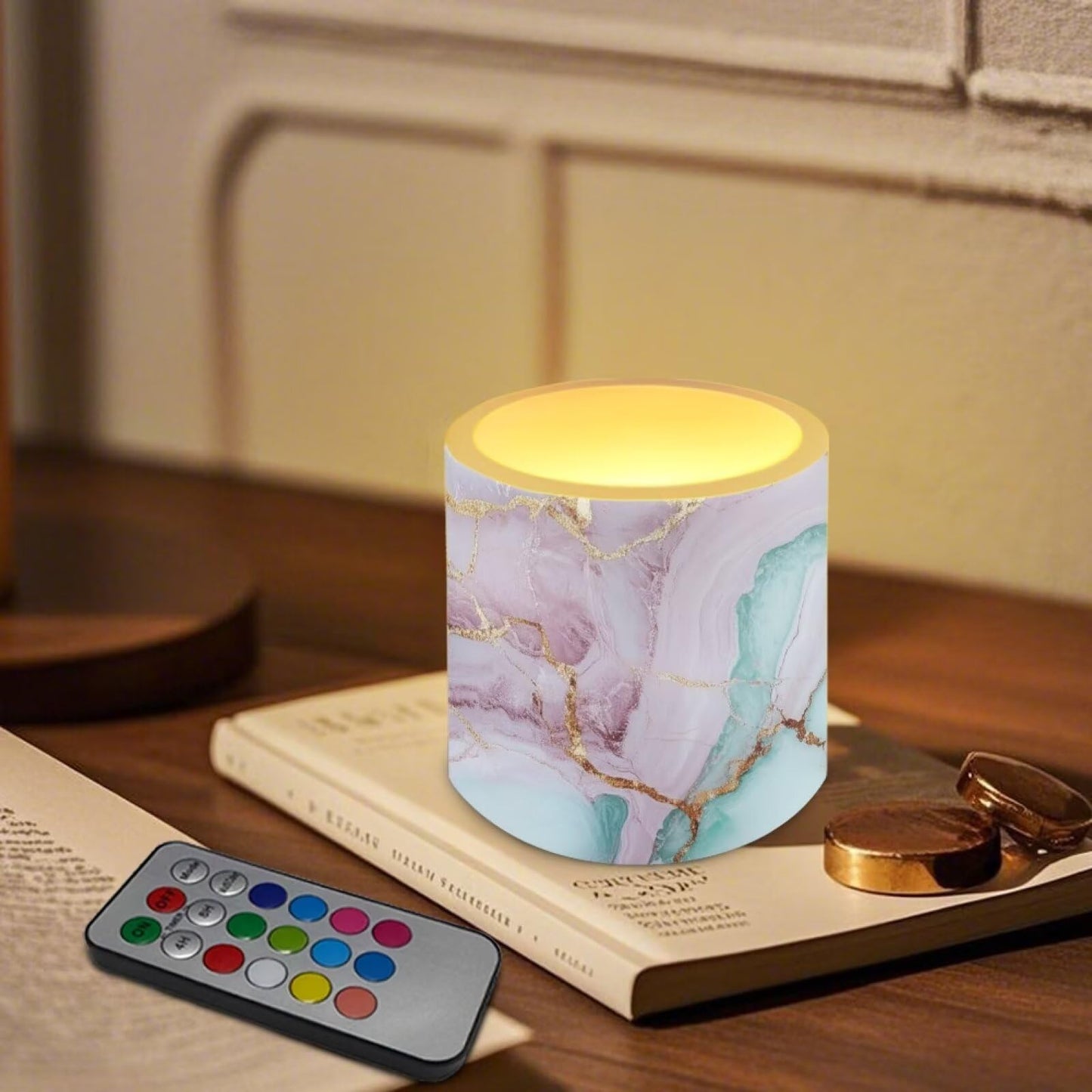 Cozeyat Sky Blue Marble Flameless Candles 4 Pack Battery Operated with Remote Control Timer LED Pillar Candles Waterproof for Indoor Outdoor Home Use