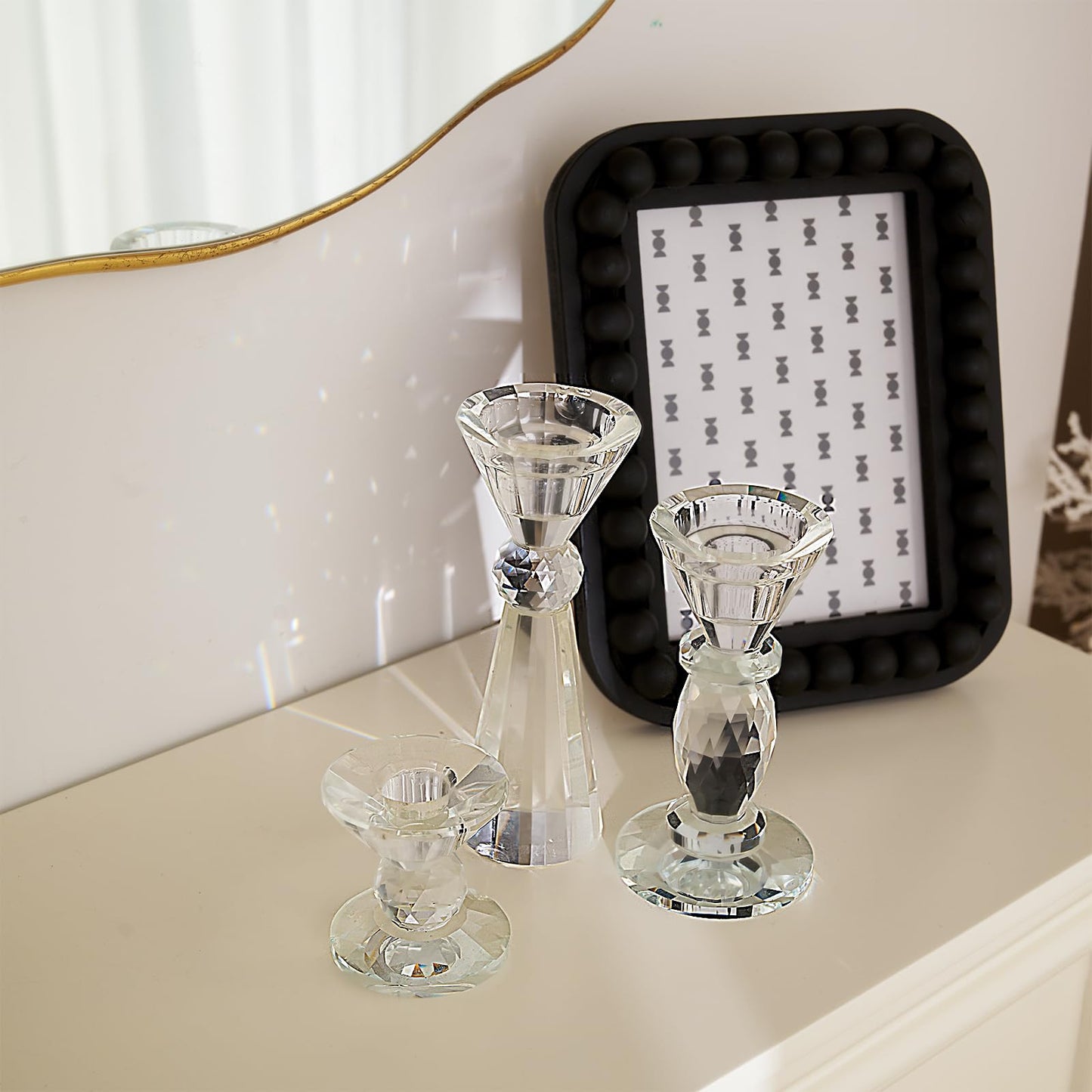 DN DECONATION Glass Candle Holder Set of 3, Candlesticks Holders Clear Crystal Tealight Candles Holder Home Decor Aesthetic for Table Centerpiece Wedding Decorations Housewarming Gift Living Room