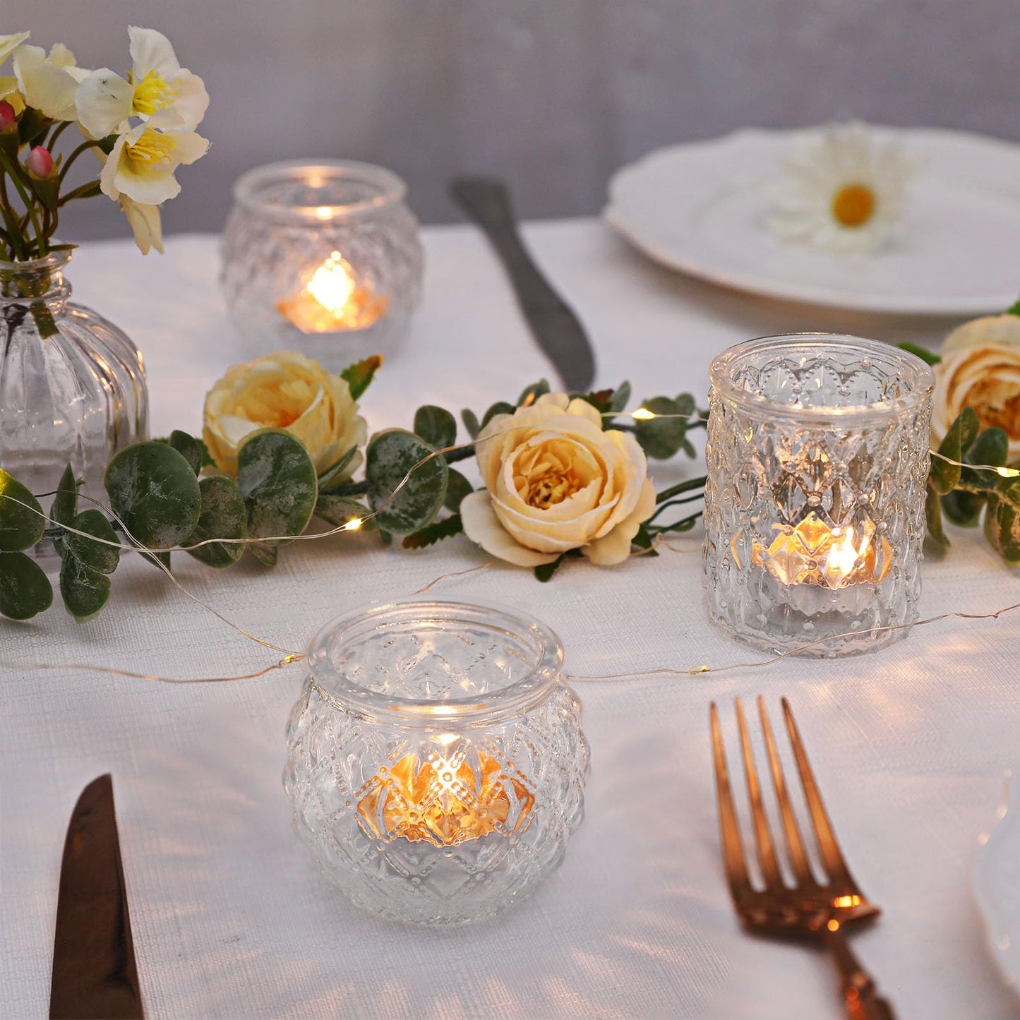 DARJEN Clear Votive Candle Holders Set of 24- Round Glass Candle Holders Bulk for Tea Light Candle, Embossed Candle Votives for Wedding Centerpiece, Various Parties & Home Decor