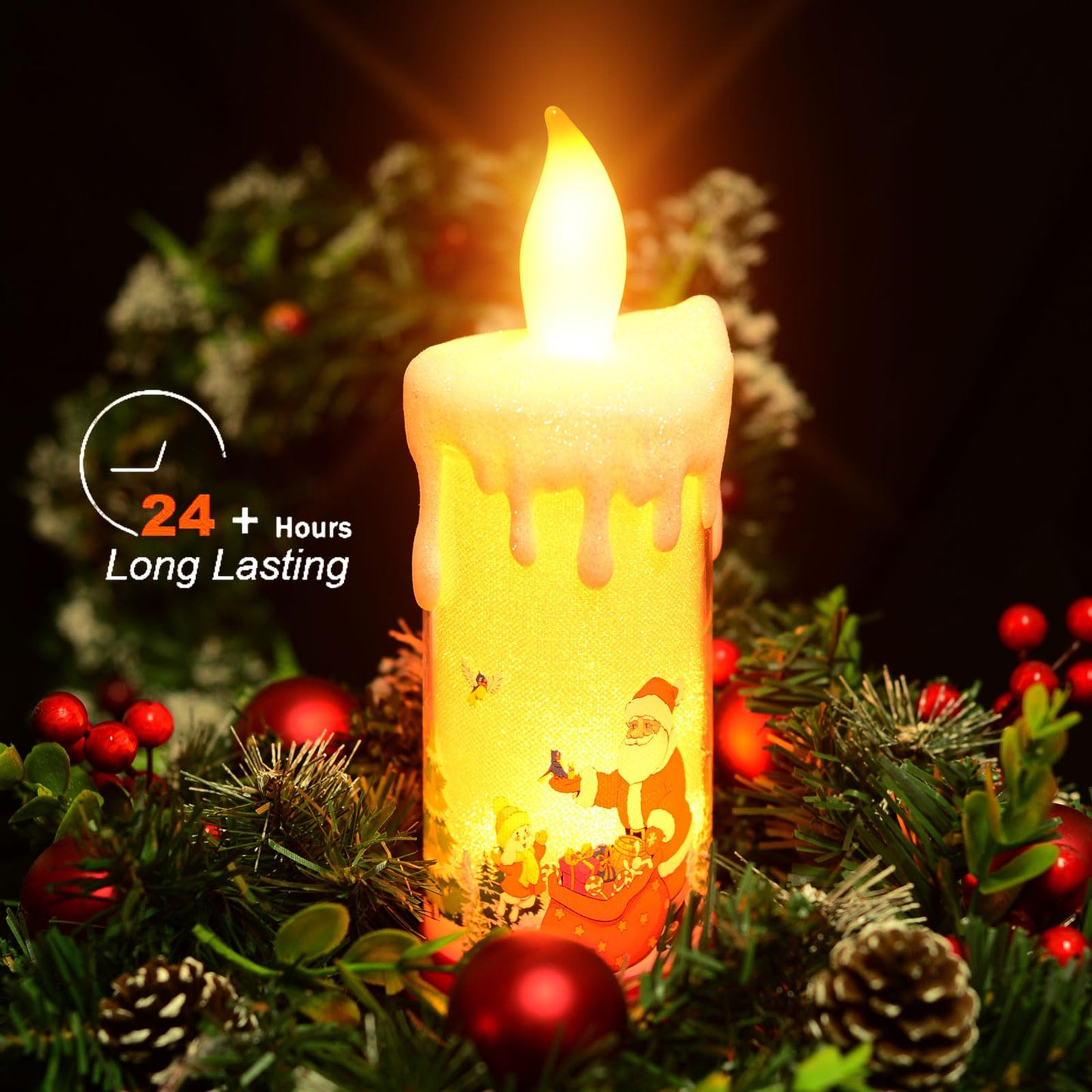 SWEETIME Snow Globe LED Flameless Battery-Operated Sparkly Glitter 3D Fire Wick Flickering Flame Fake Crystal Santa Claus Candle Decor for Christmas Celebration Party