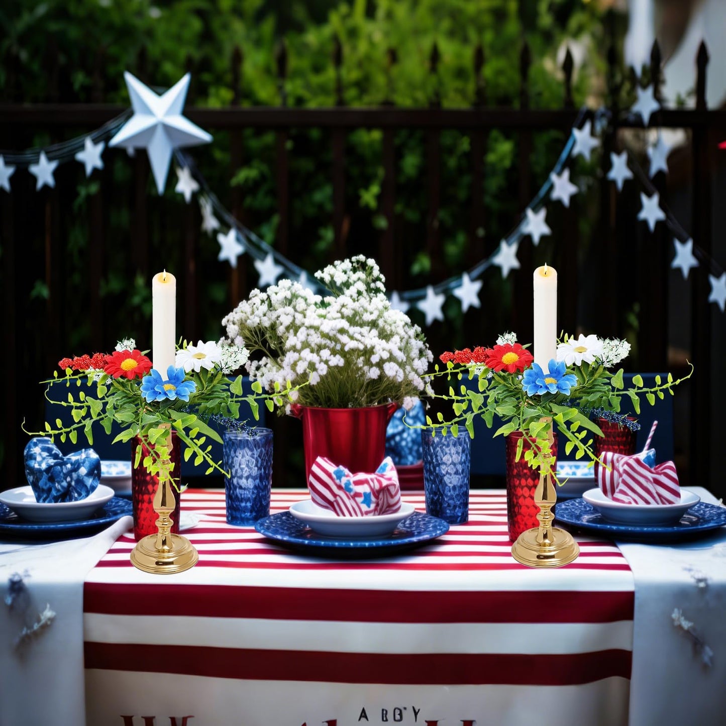 4 PCS Patriotic American Taper Candle Rings Wreaths 1.38" Mini 4th of July Floral Taper Candle Holder with Daisy Artificial Independence Day Table Centerpieces Wreath for Party Home Candlesticks Decor