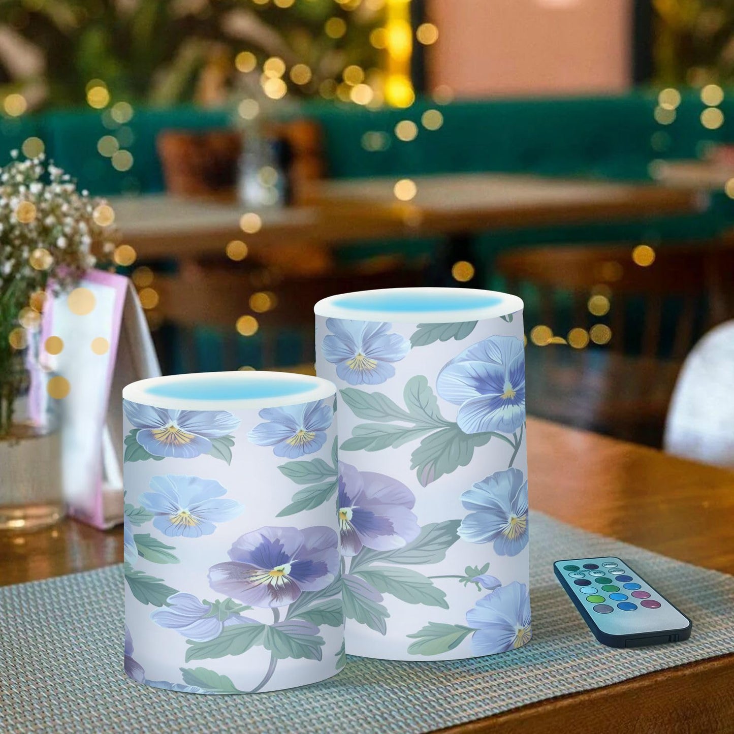 ALAZA Pansy Pink Purple Flowers Flickering Flameless Candles Battery Operated with Remote Timer,Tea Light Candles LED Pillar Votive Candles Set of 2 for Outdoor Indoor