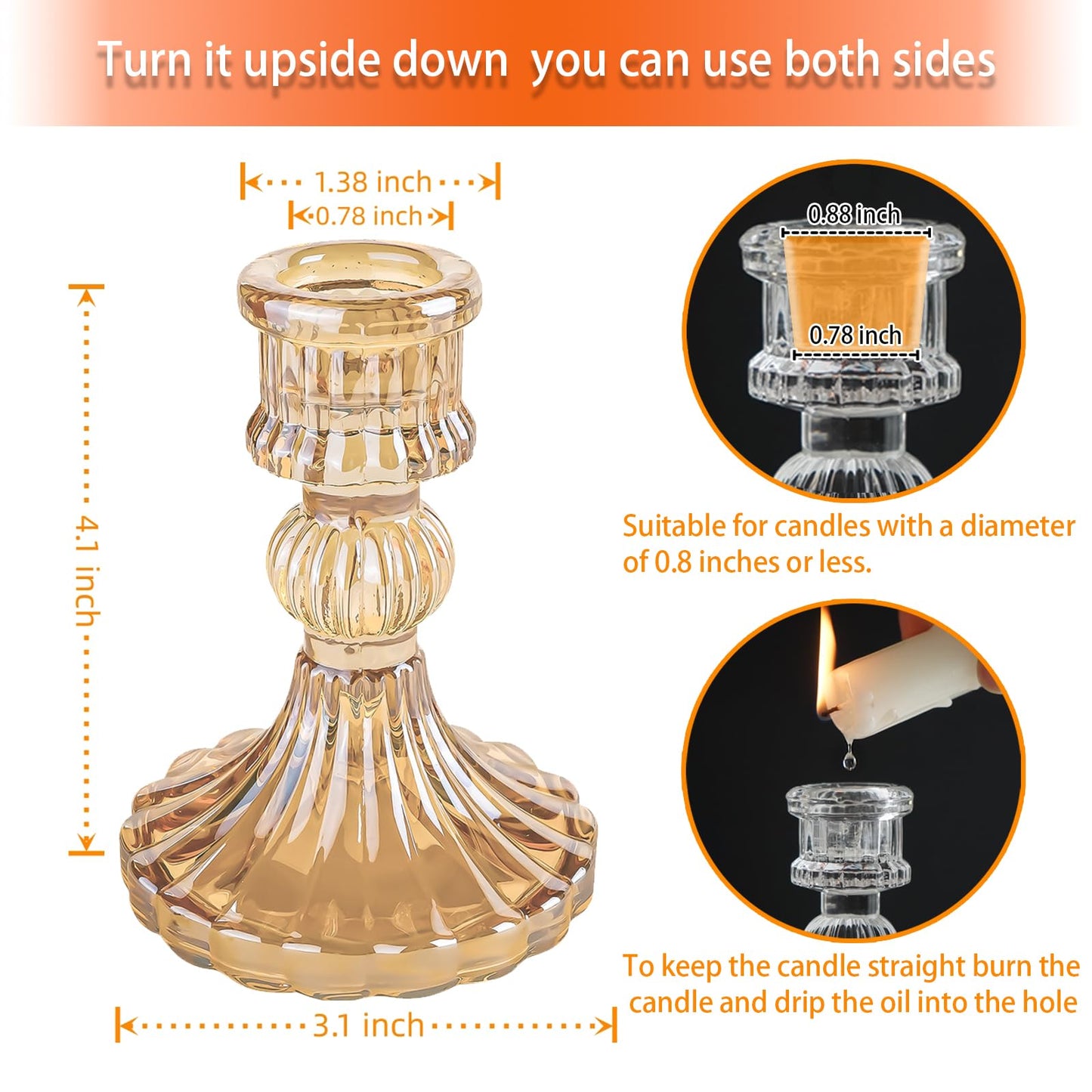 ECHFSM Glass Candlestick Holder,Striped Taper Candle Holders,Set of 6 Candle Stand for Table Centerpieces, Home Decor,Weddings,Festival and Parties (Amber Stripe Pattern)