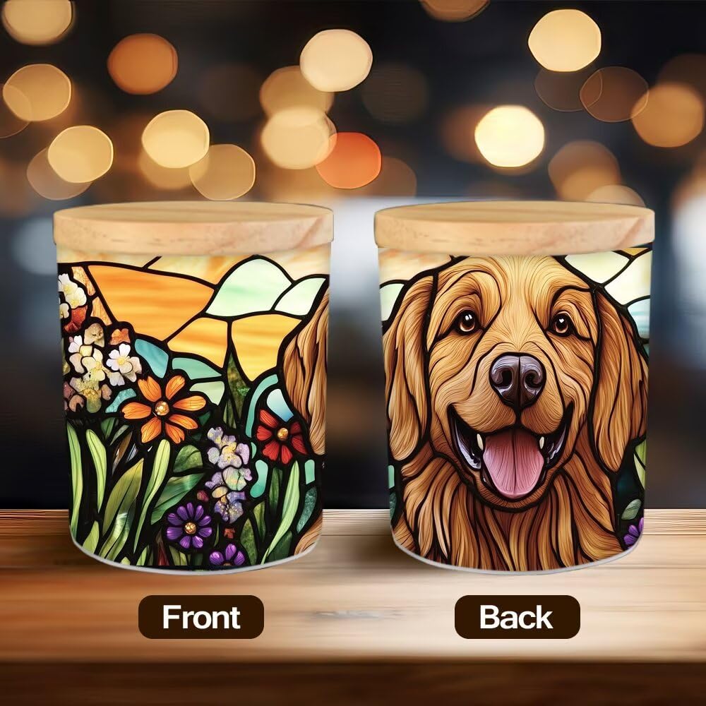 Stained Glass Golden Retriever Dog Tea Light Candle Holders, Pet Memorial Tealight Candle Holder Jar with Wooden Lid, Bereavement Remembrance Votive Candlesticks Dog Memorial Gifts for Loss of Dog