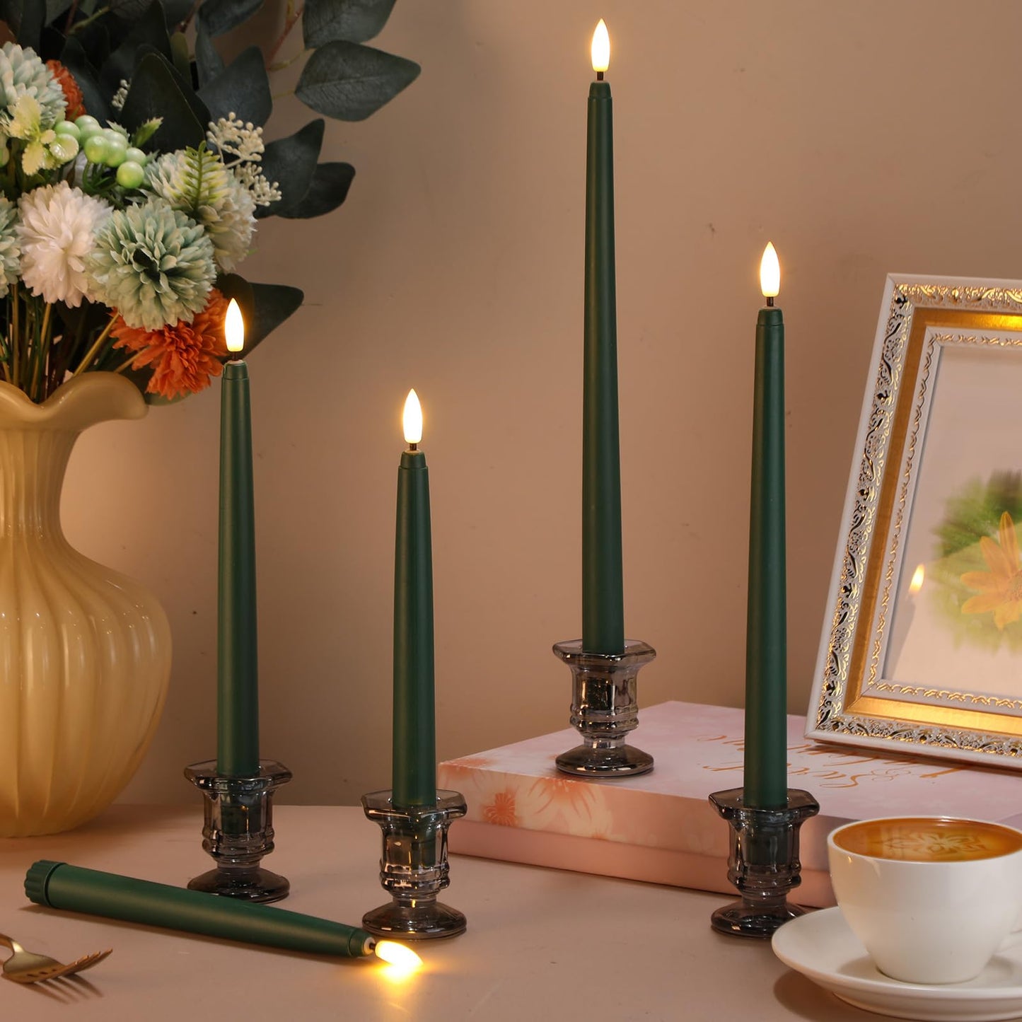 Rossesay 24 Pcs Flameless LED Taper Candles Battery Operated Candle 8.5", 9.65", 10.8", 12.8" Flameless Candlesticks Flickering for Christmas Church Wedding Indoor Decoration(Classic, Green)