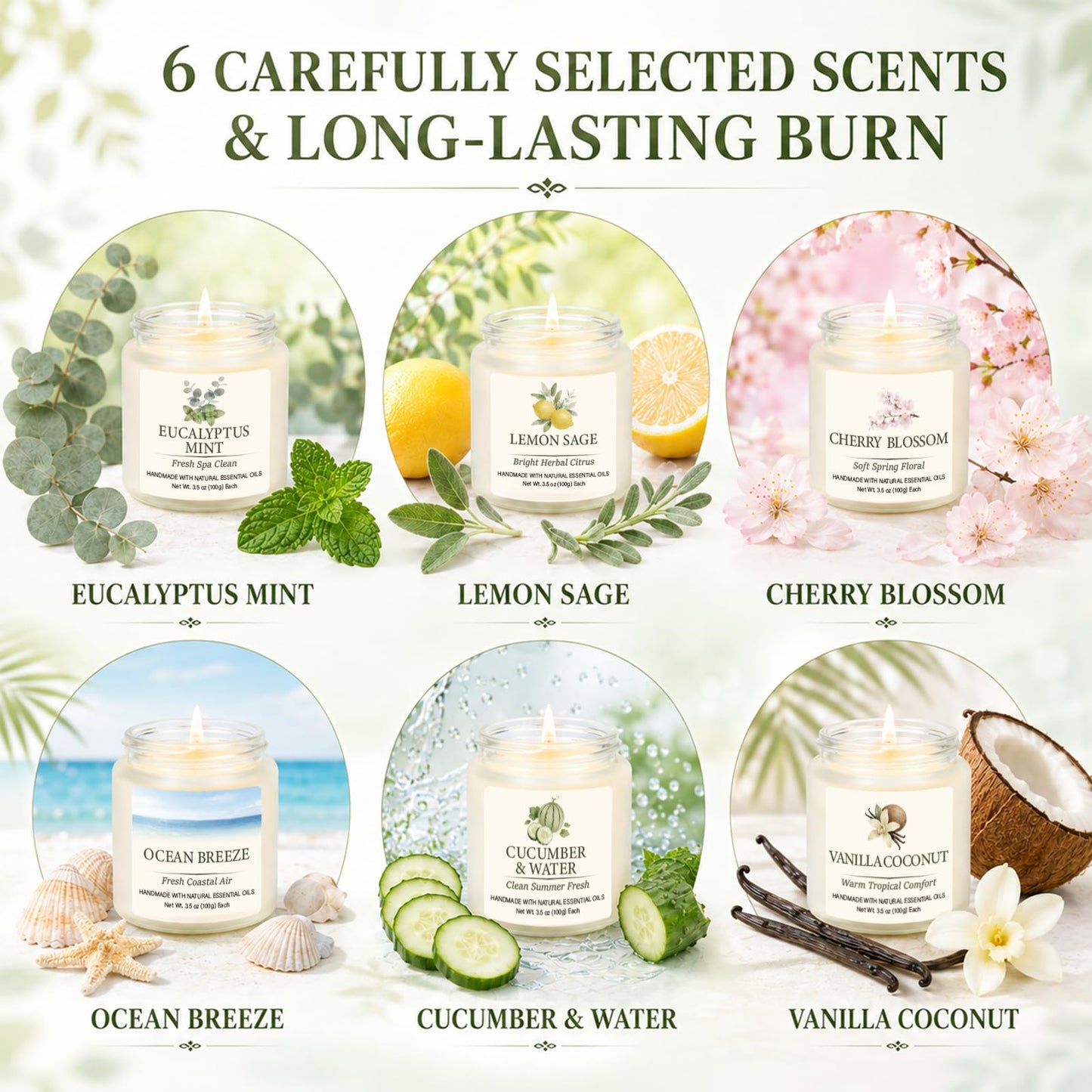 Spring & Summer Scented Candles Set, 6 Pack Soy Candles for Home, 21 oz Aromatherapy Candle Gift Set for Women, Mom, Birthday & Housewarming Gifts, Eucalyptus Mint & Vanilla Coconut