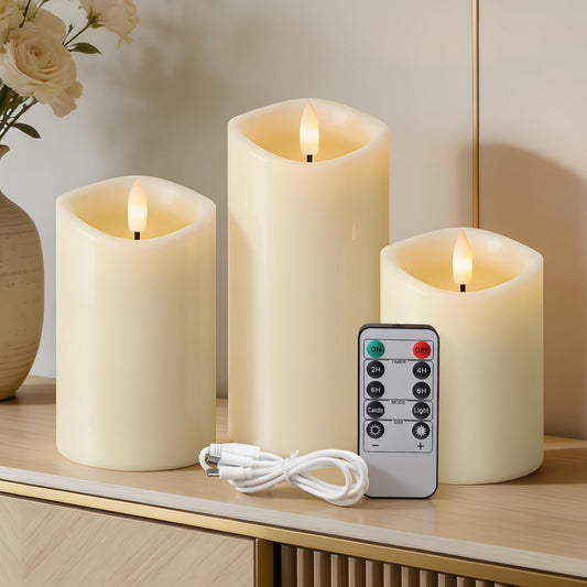 Velsyn Rechargeable Flickering Flameless Candles Melted Edge Battery Operated with Remote and Timer, Real Wax LED USB Type-C Pillar Candles, Set of 3 (3" x 4",5",6"), Ivory, Home Decor