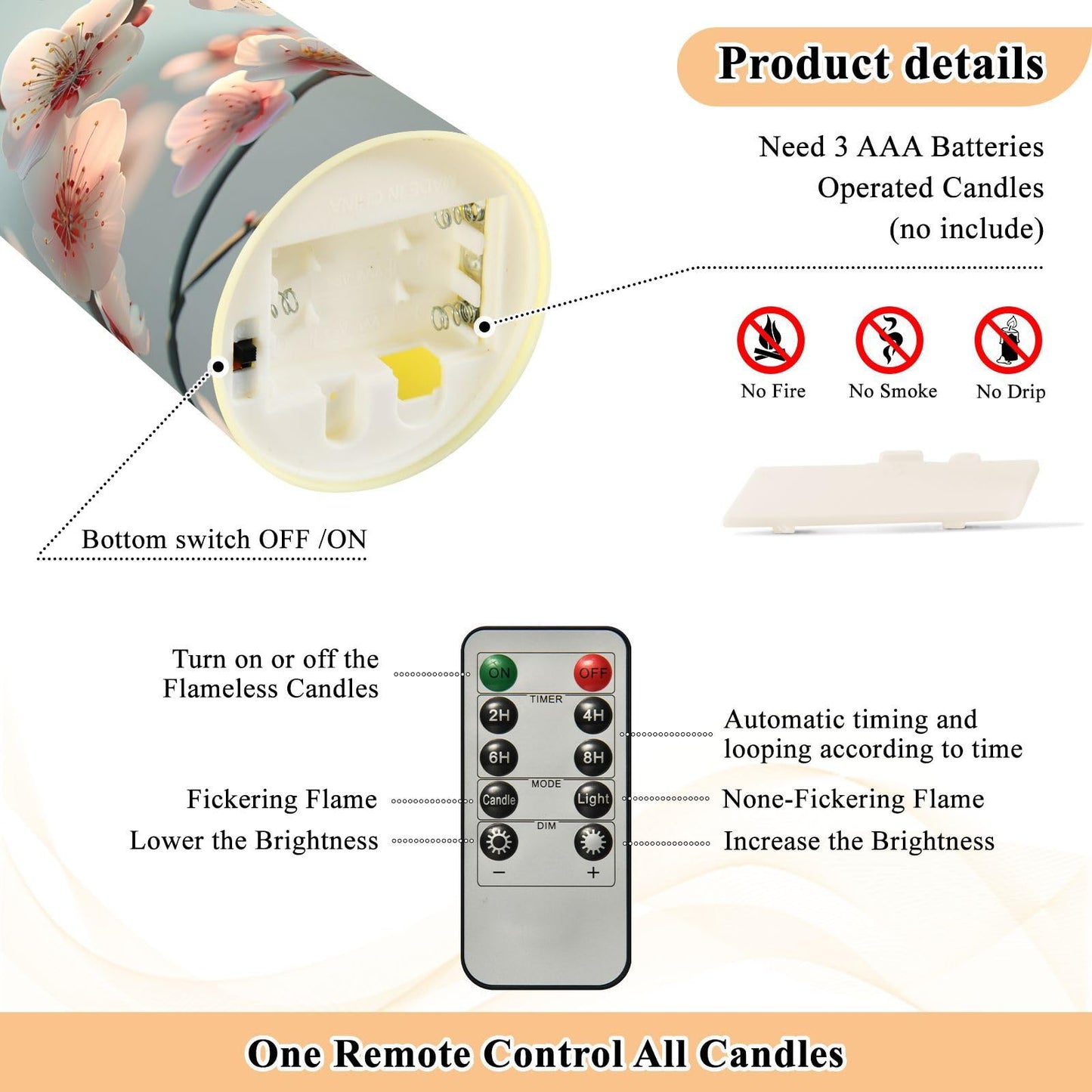 ALAZA Spring Pink White Flower Branches Flickering Flameless Candles Battery Operated with Remote Timer,Tea Light Candles LED Pillar Votive Set of 2 for Outdoor Indoor Decorations 3" x5.9"