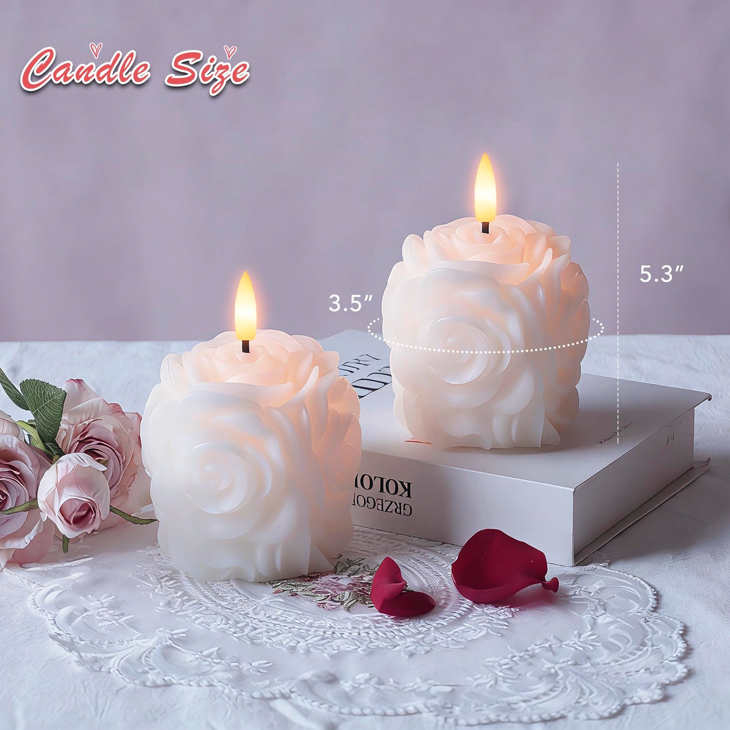 AFINETH Valentine Day Rose Flameless Candles with Remote and Timer, 2 Pack Flickering LED Candles for Proposal Wedding Anniversary Romantic Night, White