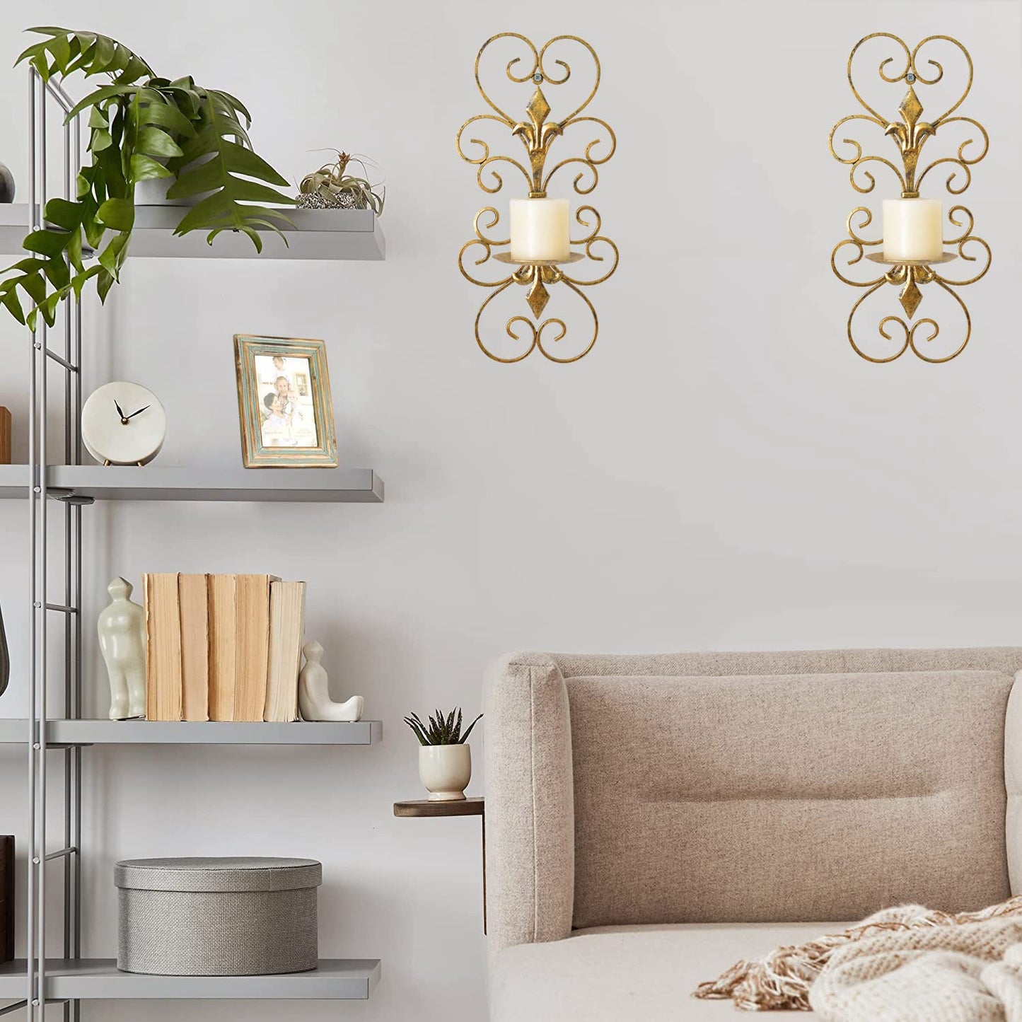 JUCONSIN Set of 2 Wall Sconces Candle Holders Metal Wall Decoration Hanging Wall Mounted Candle Sconces for Home Decor Bedroom Dining Room, Antique Gold