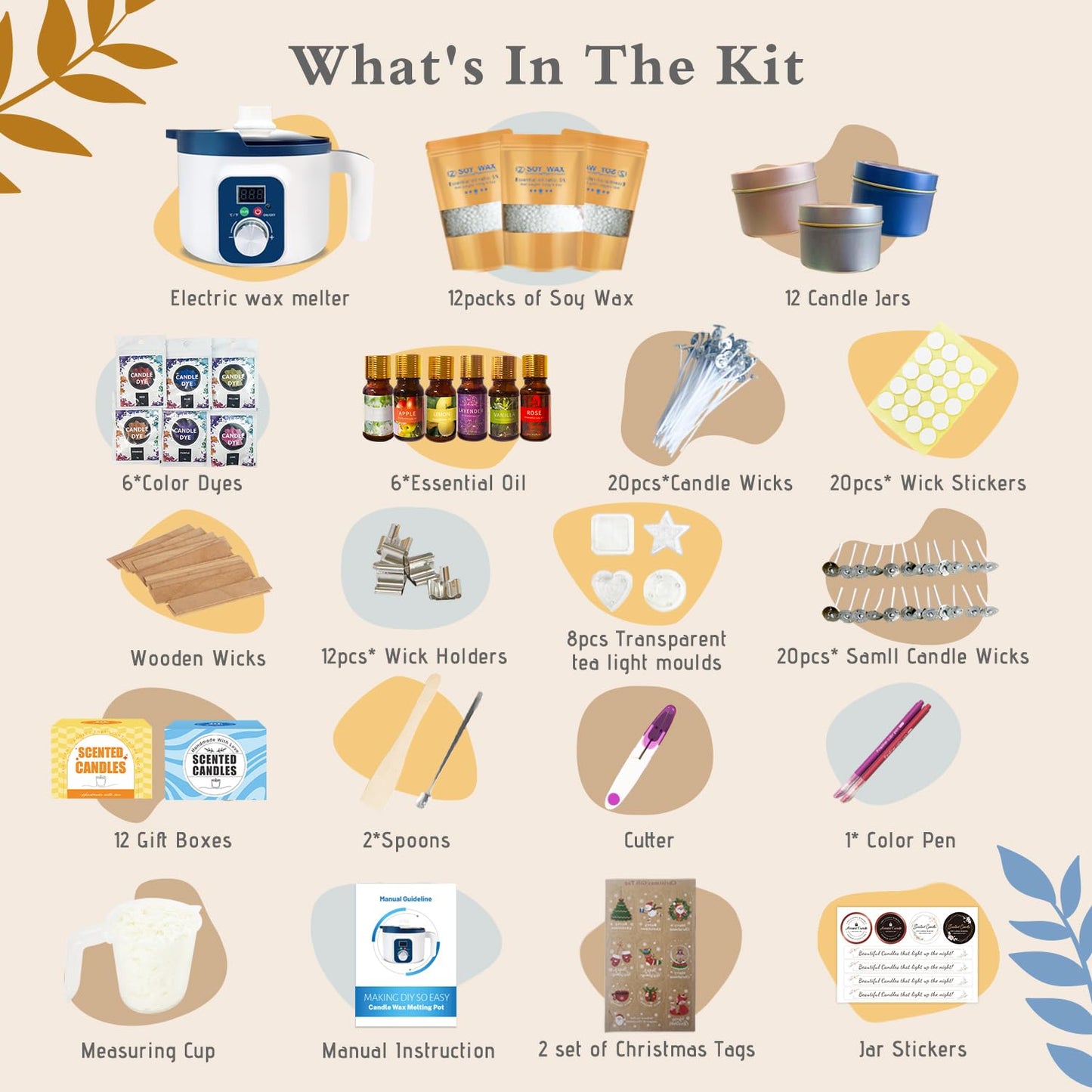 DIY Candle Making Kit for Adults with Smart Wax Melting Pot, Soy Wax, 12 Jars, 8 Tealight Candle Molds, Wax Making Kit for Candles with Digital Wax Melting Pot