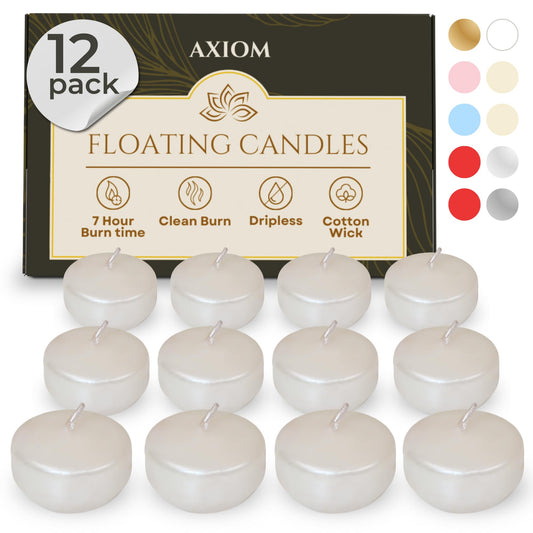 Axiom Floating Candles 4 Hours Burning Time Dripless Floating Candles for Valentine's Day Natural Hand Rolled Wax Candles for Parties (12, Metallic White)