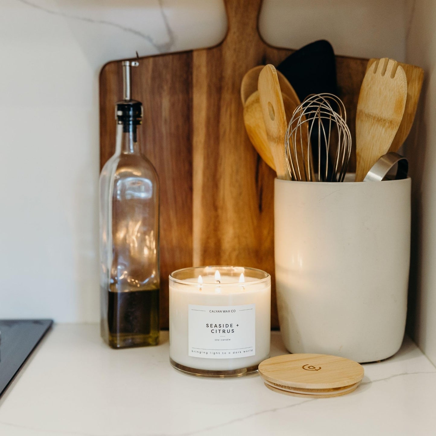 Calyan Wax Co. Seaside & Citrus 3 Wick Scented Candle - 43 Hour Burn - Luxury 3 Wick Soy Candles - Clean Soy Wax Candles - Long Lasting Large Glass Jar Candle for Home - 14.9oz