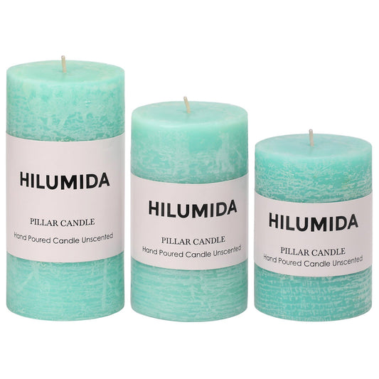 Turquoise Pillar Candles Set of 3 - Hand-Poured Unscented Candles,Smokeless Dripless Candles for Dinner Table and Home, Set of 3 in Different Sizes (3"x4", 3"x5", 3"x6")
