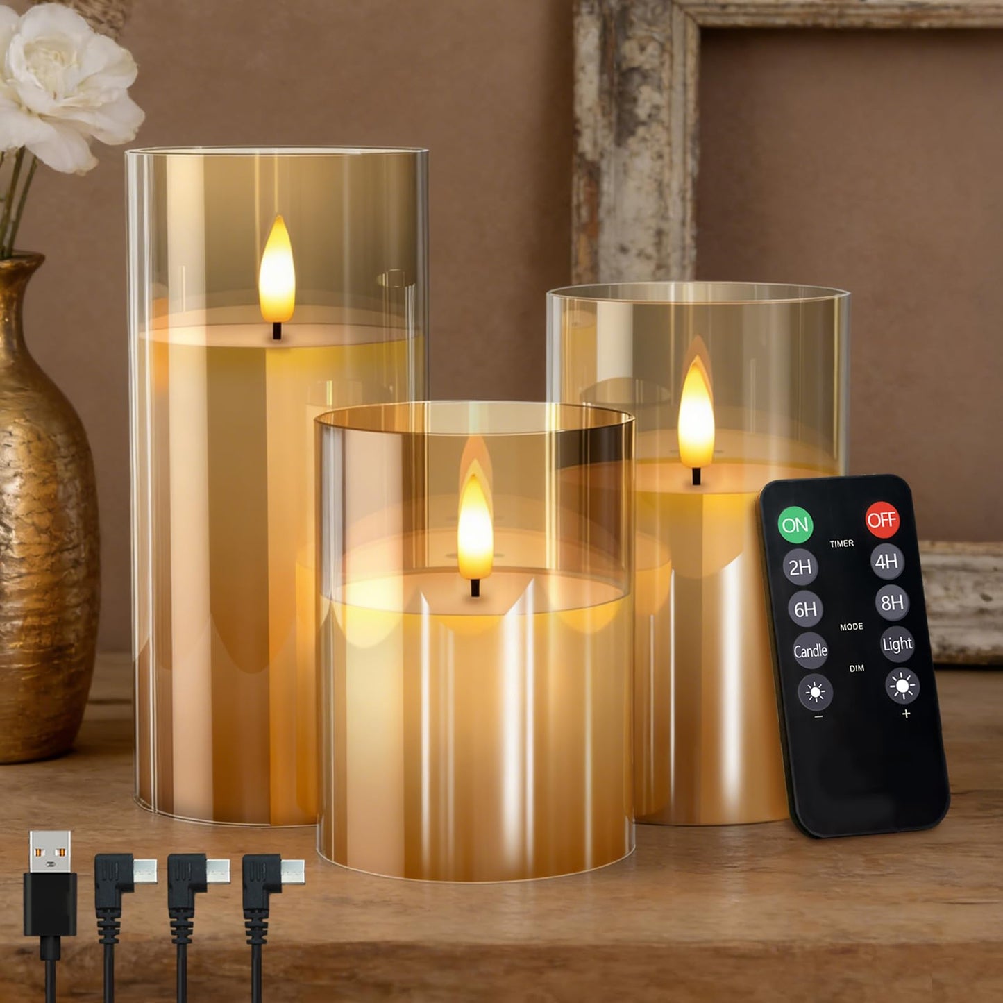 NICE POINT Rechargeable Flameless LED Gold Glass Candles–Luminous Real Wax Indoor Home Decor–Set of 3, Realistic Flickering LED Flame,Remote & Timer,Ideal for Living Room, Bedroom & Festival Décor
