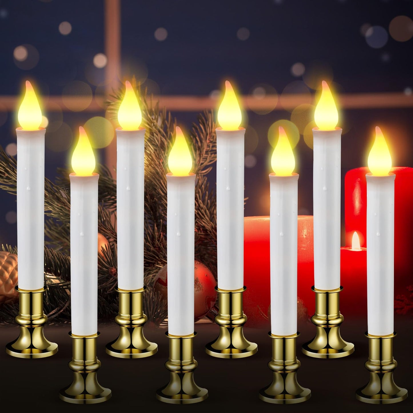 Baquler 8 Pcs Christmas LED Window Candles with Sensor Dusk to Dawn Light Sensor 9.37 Inches Cordless Flameless Battery Taper Candles with Flickering Amber Flame for Xmas Home Decor(Gold)
