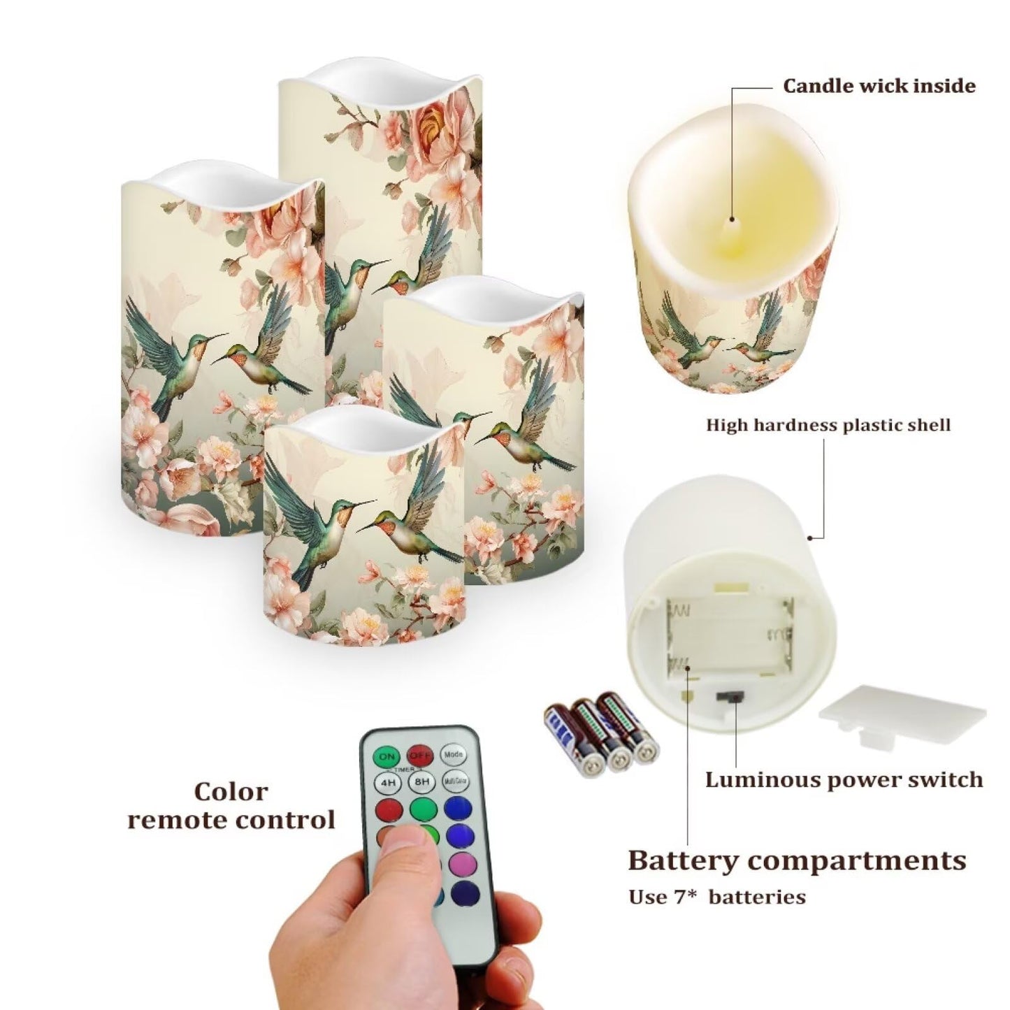 Cozeyat Hummingbird Fake Pillar Candles with Remote 4 Pack Battery Operated Color Changing LED Flameless Candles Waterproof for Indoor Outdoor Beach Wedding