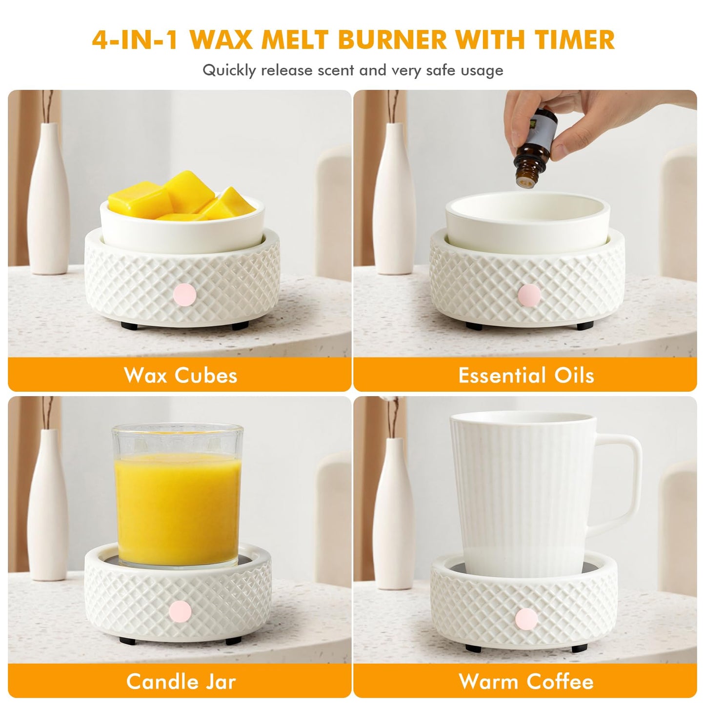 Wax Melt Burner Warmer with Timer Ceramic 4-in-1 Electric Candle Warmer Auto Shut-Off for Scented Wax Melts, Candle Jars, Essential Oil, Coffee Cup Warmer Home Decor Fragrance Gifts for Women - White