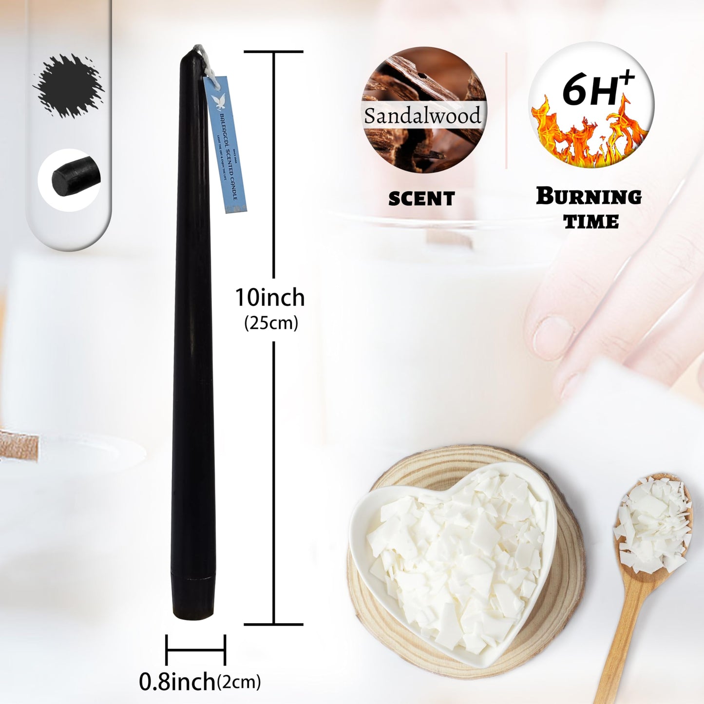 Smokeless Sandalwood Scented Black Taper Candles Dripless Long Lasting Burn 10 Inch Tall Candlesticks for Home Décor Holiday Gift Romantic Evenings