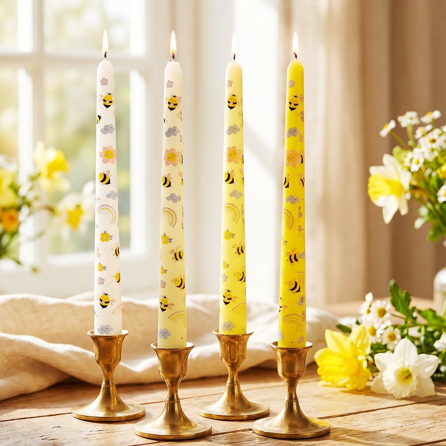 Bee Taper Candles 10 Inch 4 Pack, Unscented Yellow Floral Candlesticks, Decorative Tapered Candles for Candle Holders, Spring Table Decor, Mother’s Day, Wedding Party(AY1)