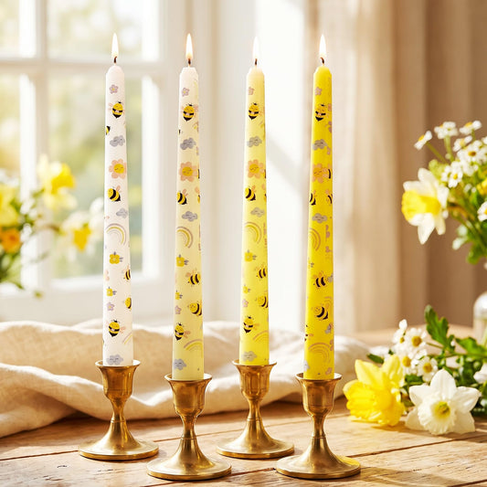 Bee Taper Candles 10 Inch 4 Pack, Unscented Yellow Floral Candlesticks, Decorative Tapered Candles for Candle Holders, Spring Table Decor, Mother’s Day, Wedding Party(AY1)
