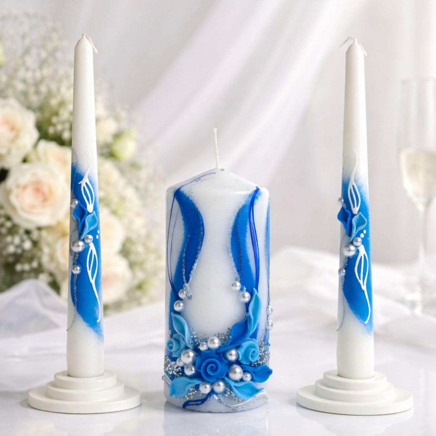 Magik Life Unity Candle Set - Wedding Ceremony & Reception – 6” Pillar & Two 10” Taper Candles – Long Burning Unity Candles for Marriage Ritual – Handmade in USA - Royal | Blue