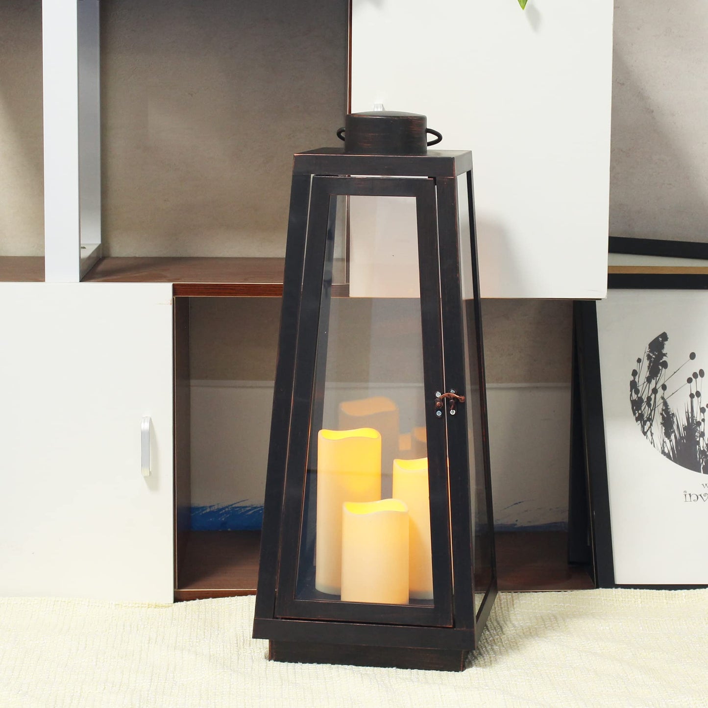 1Pack Decorative Big Lantern 25.2" H with Dancing Flame LED Timer Candle,ON/Off/Timer LED Candle with 6hours,Hanging Lantern for Outdoor Garden/Indoor Use.