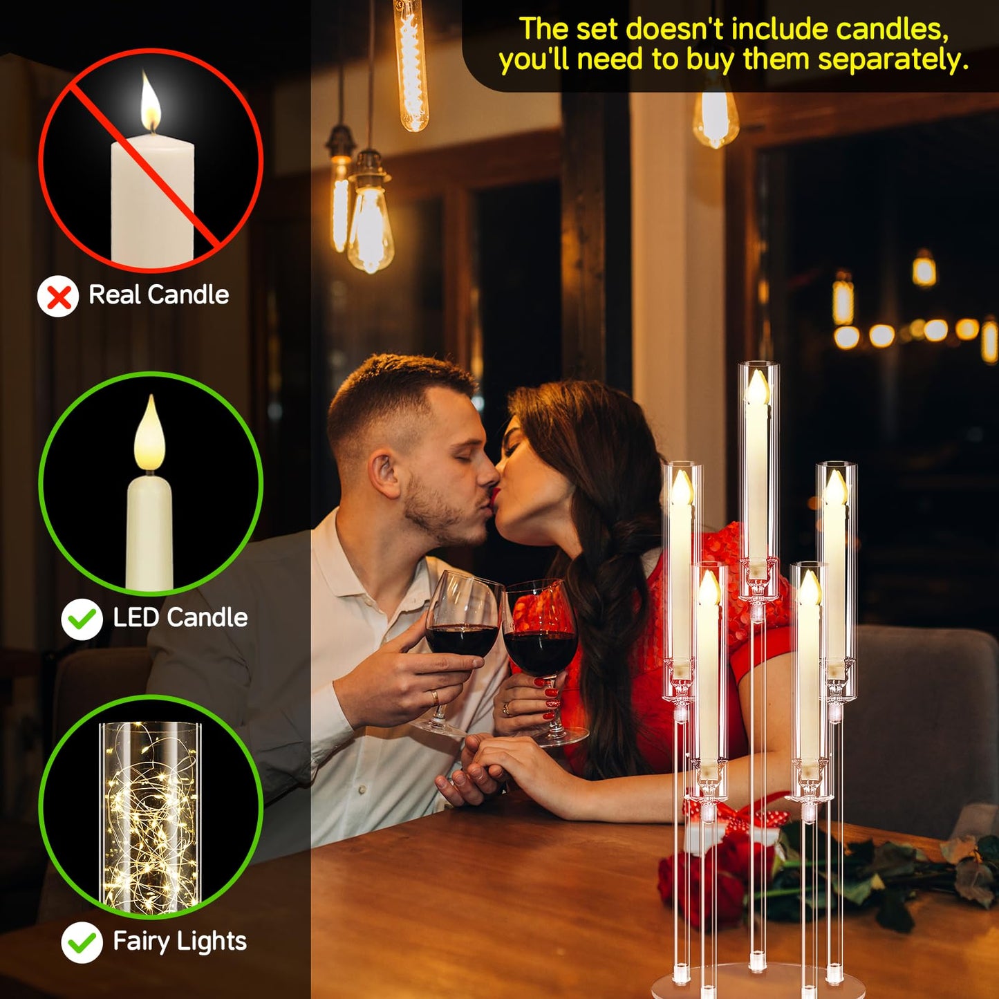 Clear 5 Arms Candlesticks Holder with Acrylic Shade for Wedding Table Decorations,26'' Tall Acrylic Candelabra Centerpieces for Candlelight Dinner Party Fireplace Gift Fit LED Candle（6 Pcs）