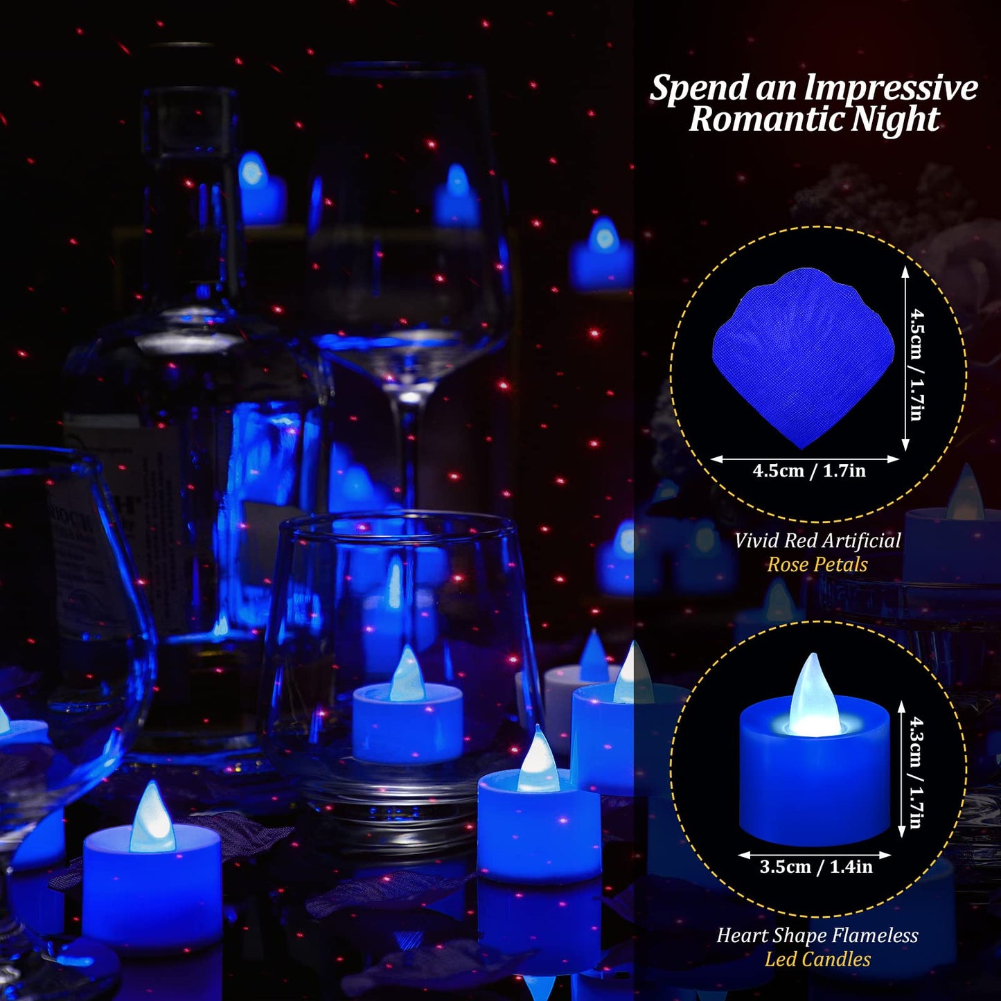 Coume 6000 Pcs Artificial Rose Petals with 72 Pcs Flameless LED Candles Romantic Decorations Fake Candles Anniversary Decorations for Valentine's Day Wedding Night(Blue)