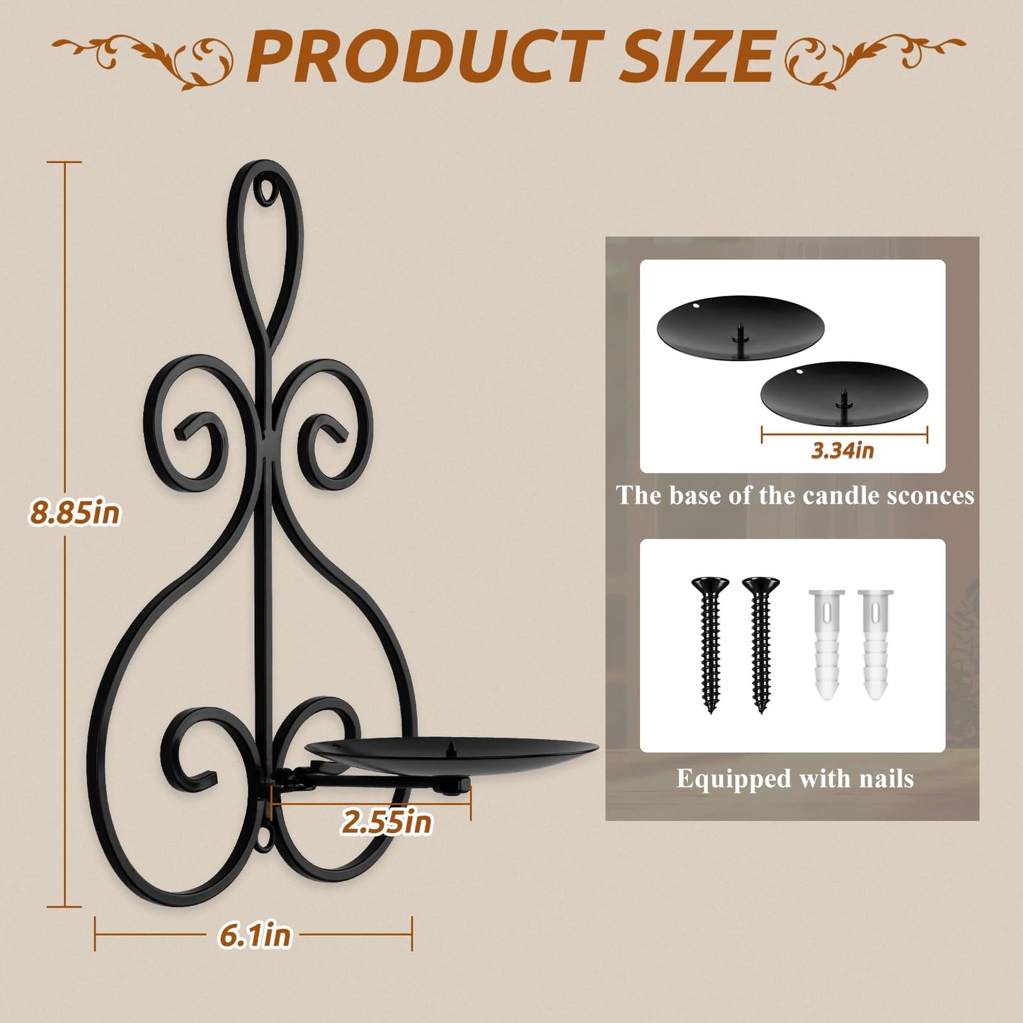 Wall Candle Sconces Set of 2, Double Scroll Pattern Candle Sconces, Metal Wall Candle Holder for Home Decor, Living Room, Dining Room, Bedroom, Black, Gifts for Men Women Mom or Dad
