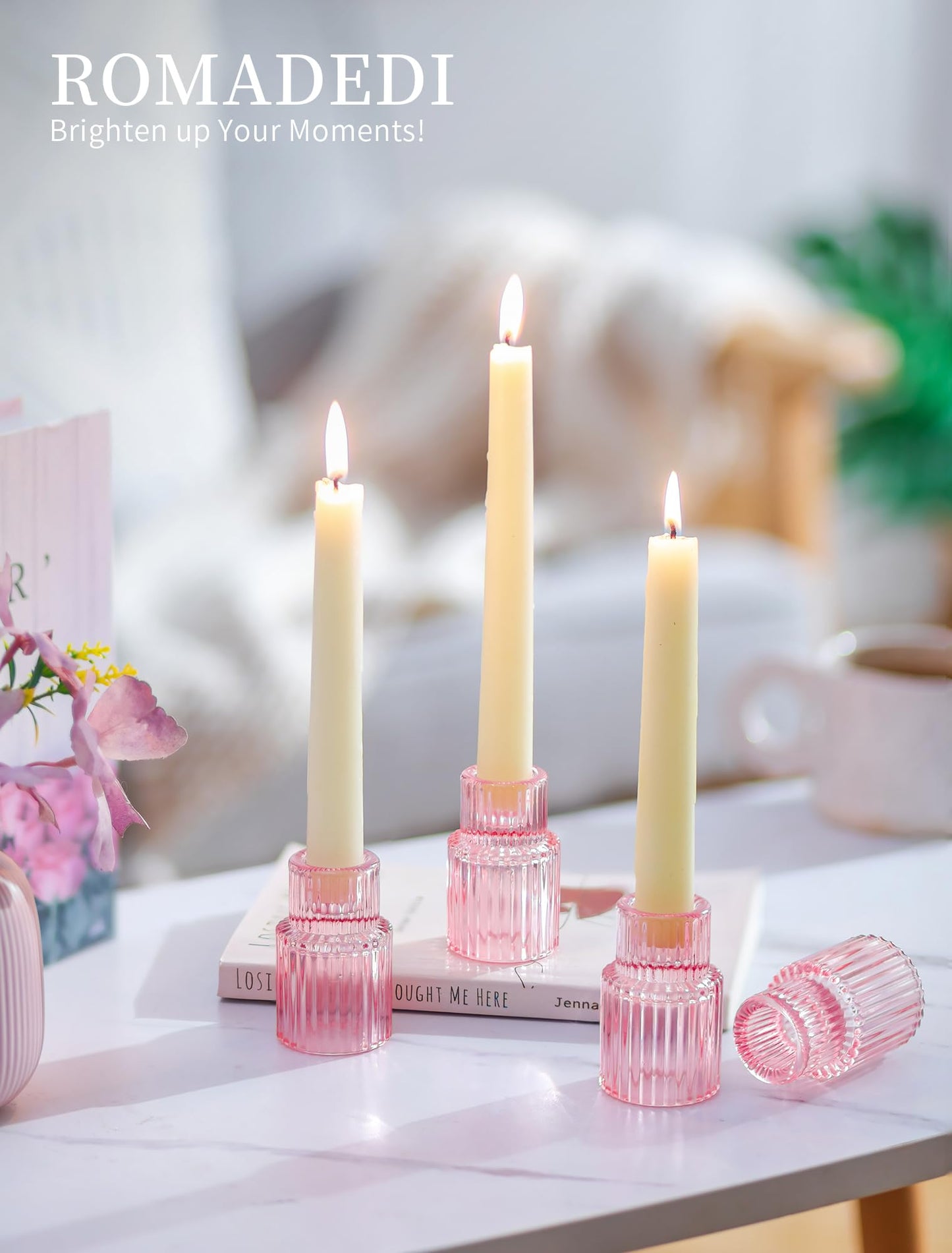 Romadedi Pink Glass Candle Holders - 10 Pcs Ribbed Candlestick Holder Bulk for Table Centerpiece Elegant Taper Holder for Wedding Birthday Party Baby Showers Valentines Mother's Day Christmas