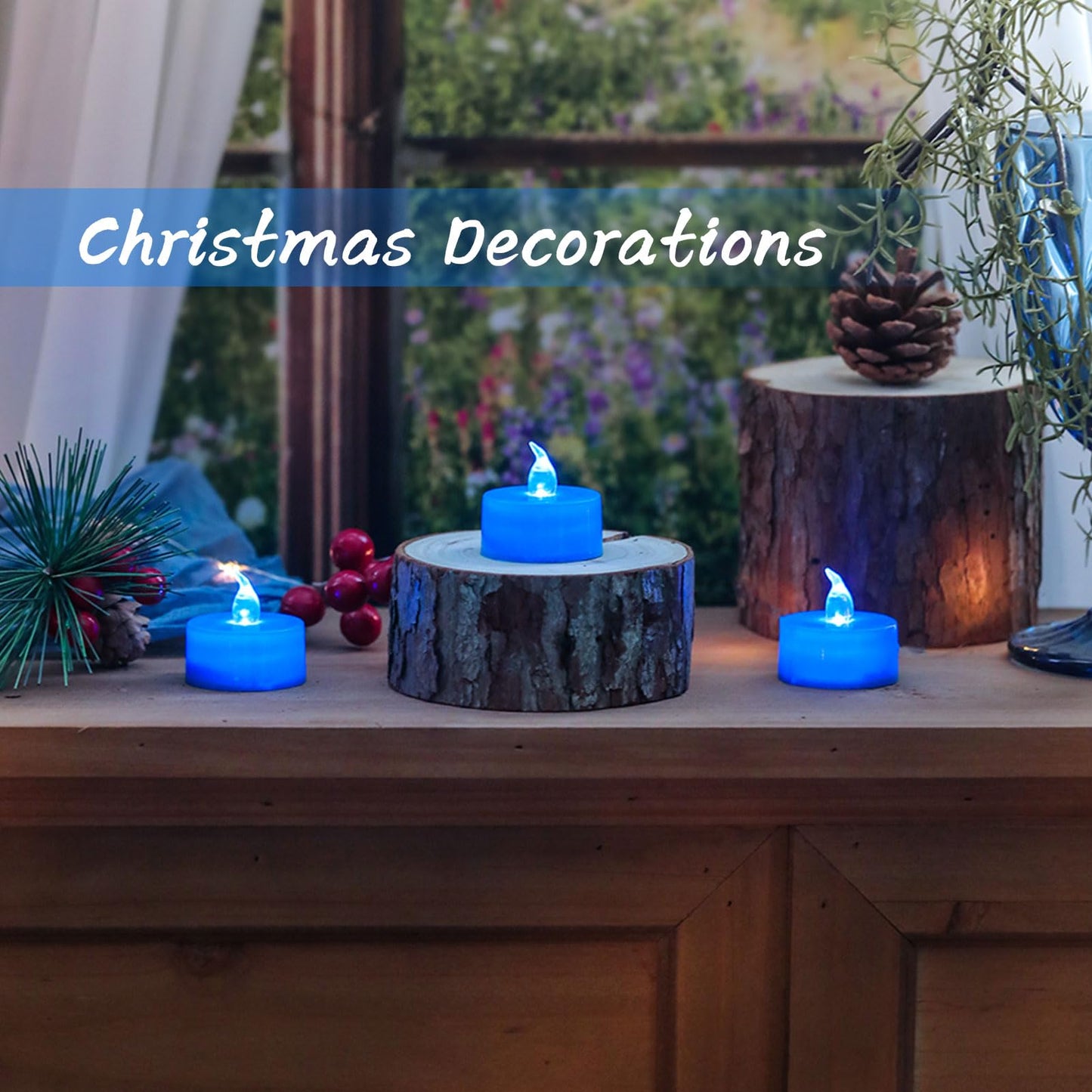 LANKER 24 Pack LED Tea Lights Candles, Flickering Blue Flameless Tealights, Long Lasting Battery Operated Fake Candles, Decoration for Halloween and Christmas (Blue - 24pcs)