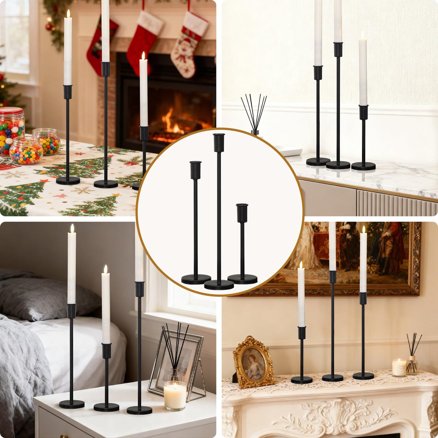 UPPER DECOR Matte Black Pillar Candle Holders - Set of 3 Heavy Decorative Iron Candlestick Stands for Table Centerpiece, Wedding, Dining, Party Candle Stick Holders