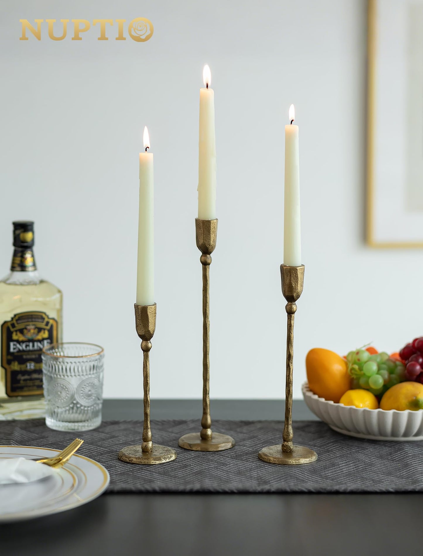 NUPTIO Iron Taper Candle Holders: Antique Brass Candlestick Holder for Thanksgiving Christmas Party - Set of 3 Tall Gold Candles Stick Decor for Fireplace Table Centerpiece