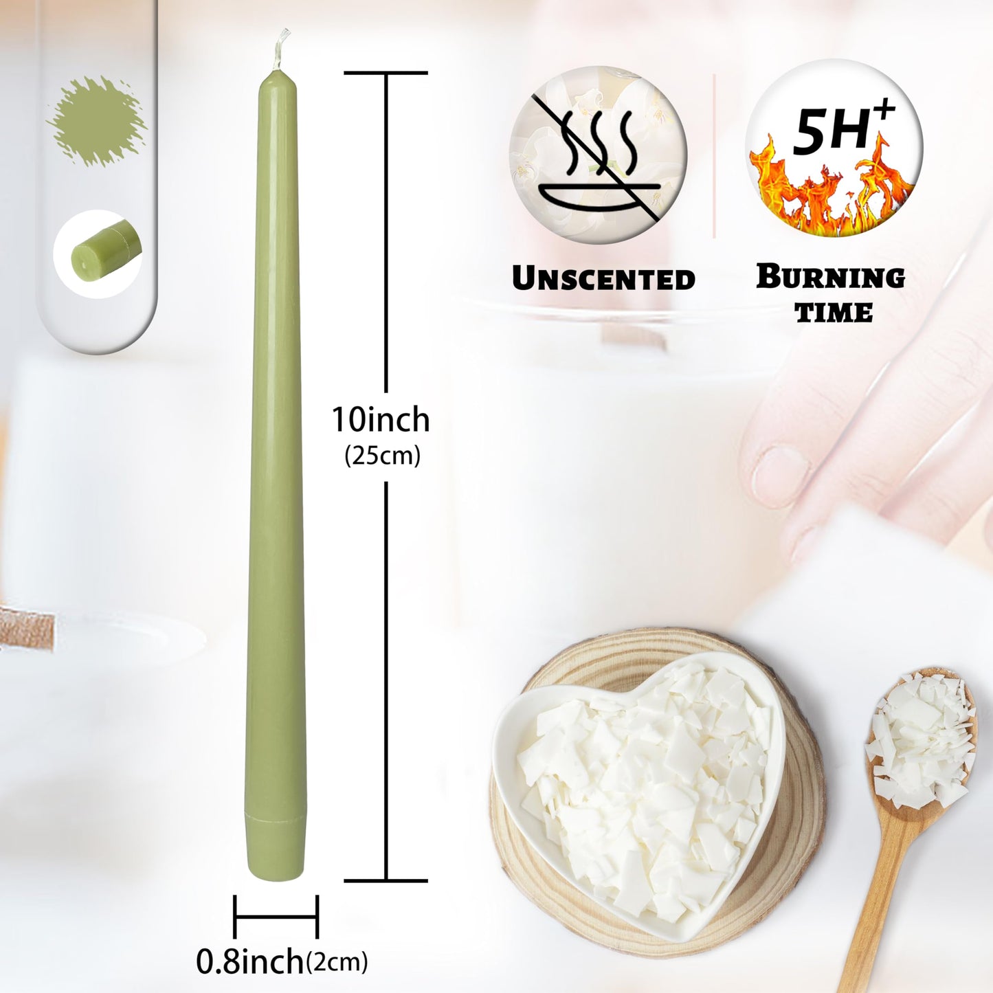 Smokeless Unscented Grass Green Taper Candlesticks Long Lasting Burn 10 Inch Elegant Aromatherapy Candles for Home Décor Holiday Gift Sets