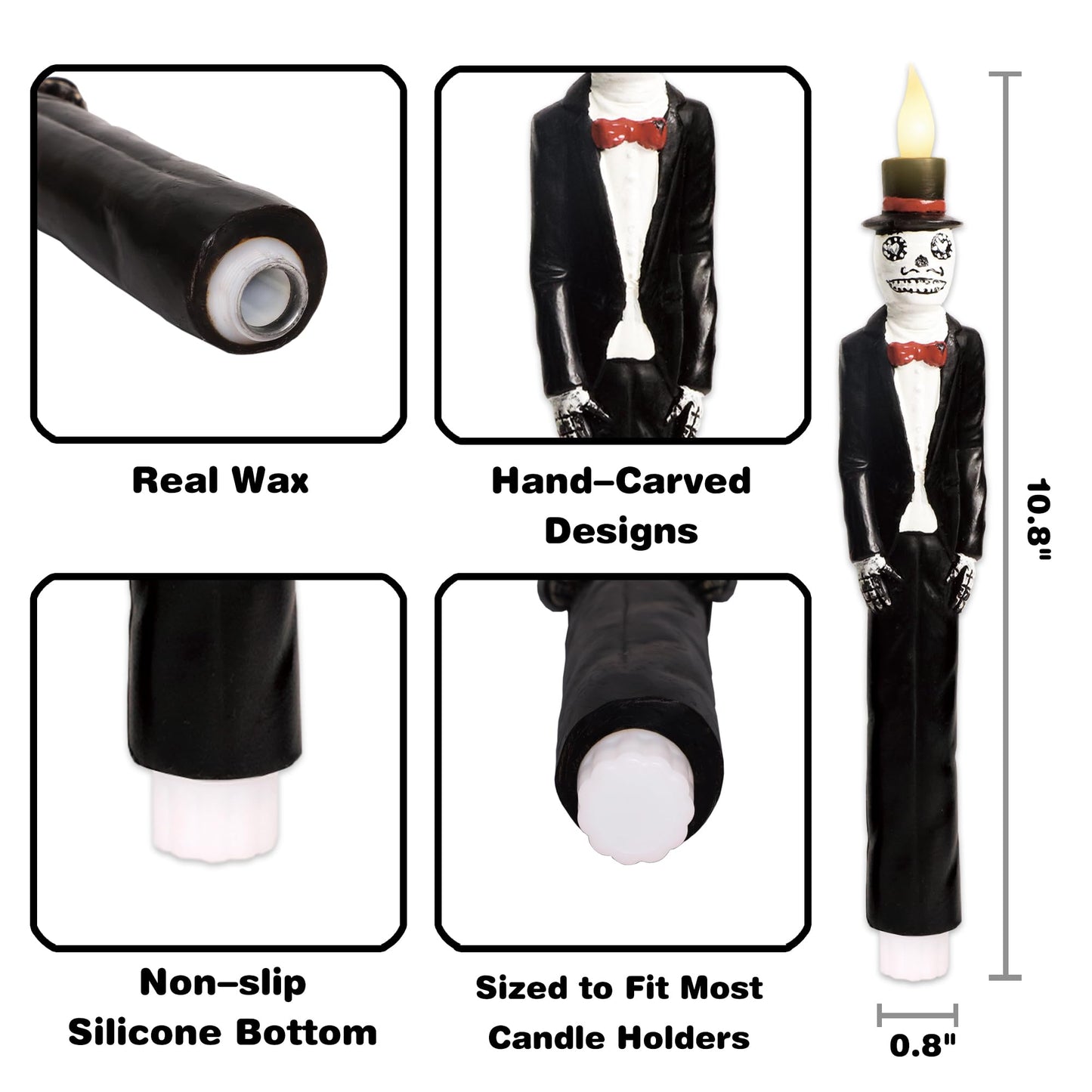 Black Flameless Taper Candles with Remote Battery Operated CandleSticks Flickering Light Set of 2 Real Wax Handmade Skeleton Couple LED Window Candles for Halloween Horror Party Gothic Wedding Decor
