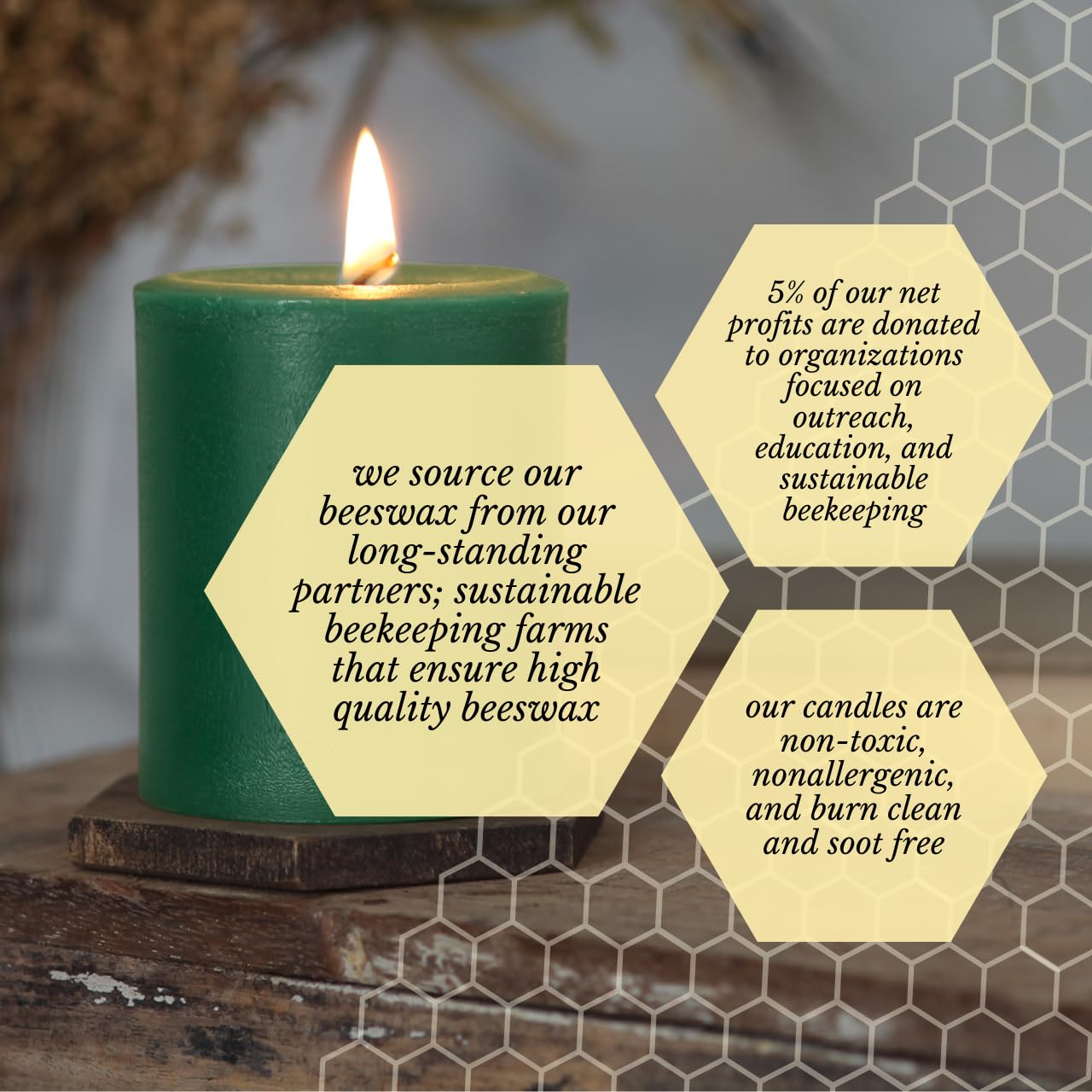 Big Dipper Wax Works Moss Green Pillar Candle, 60-Hour Long Burn, Pure Beeswax Candle, 3" x 3.5”