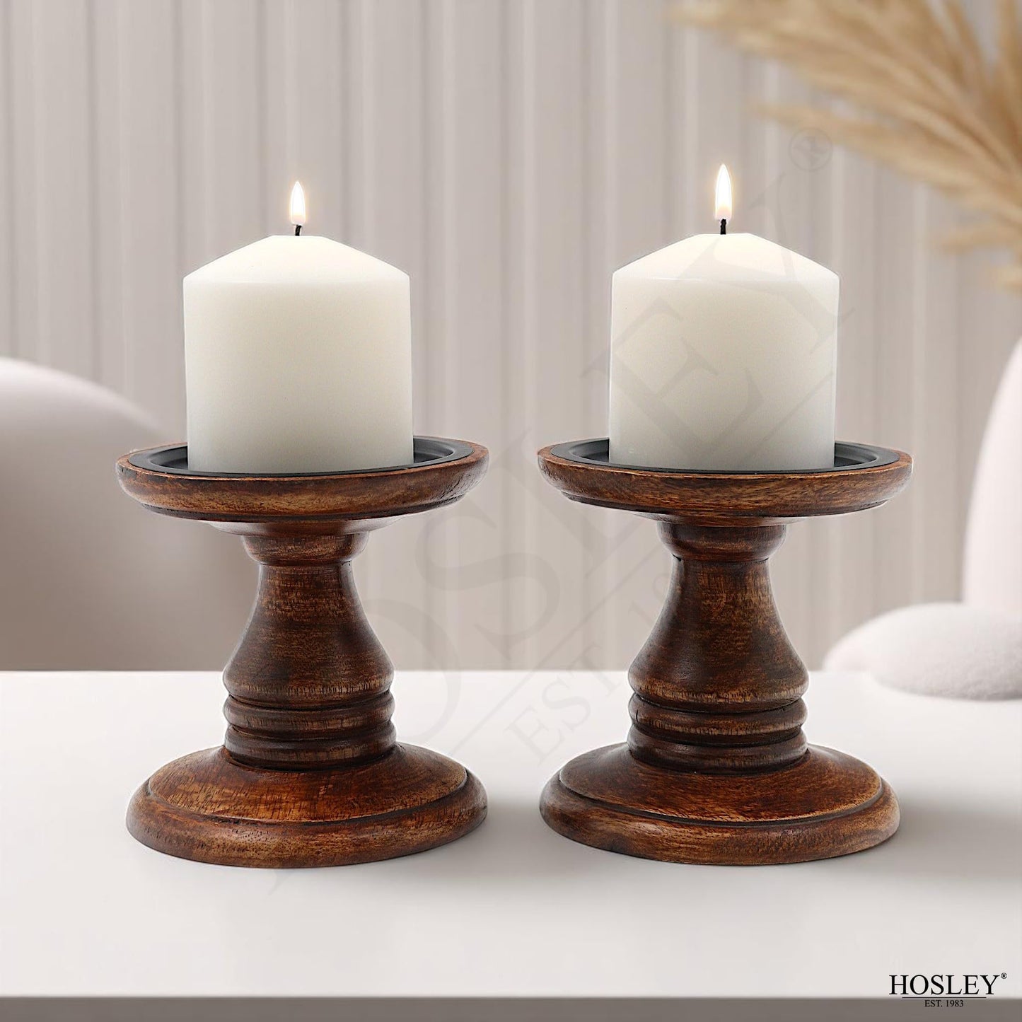 Hosley Set of 2 Brown Wood Pillar Candle Holders 5 Inch High Ideal Gift for Weddings Bridal Party Spa Reiki Meditation Votive LED Pillar Candle Gardens
