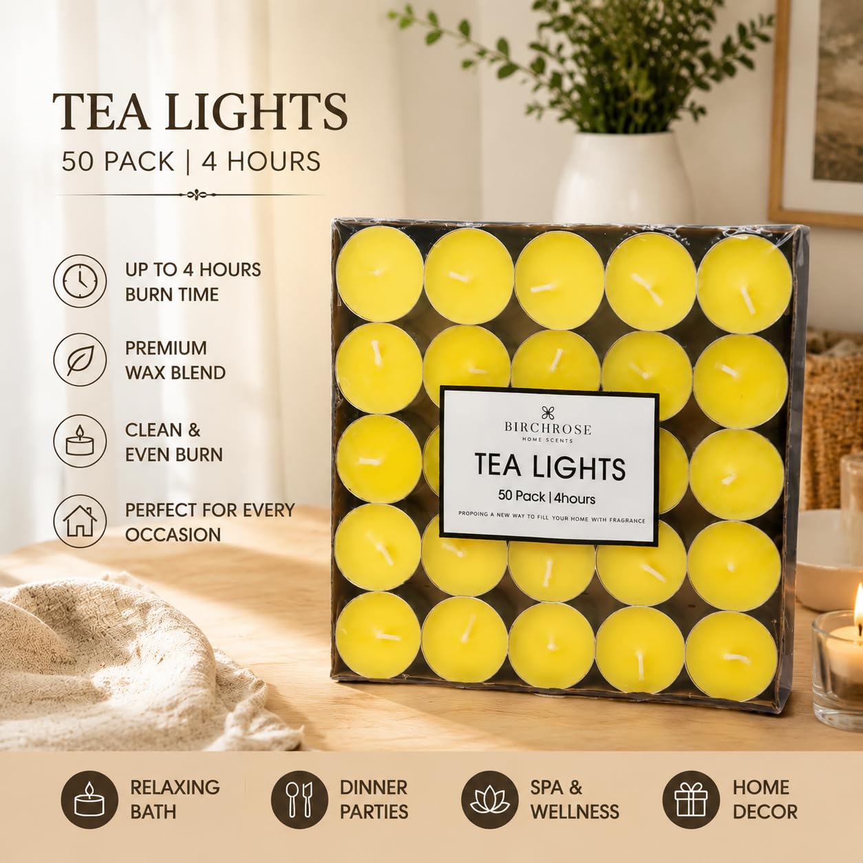 BIRCHROSE Home SCENTS Unscented 50 Pack Tea Light Candles, 4 Hour Long Burning Unscented Tealight Candles, Smokeless Mini Candles for Wedding, Home Decor