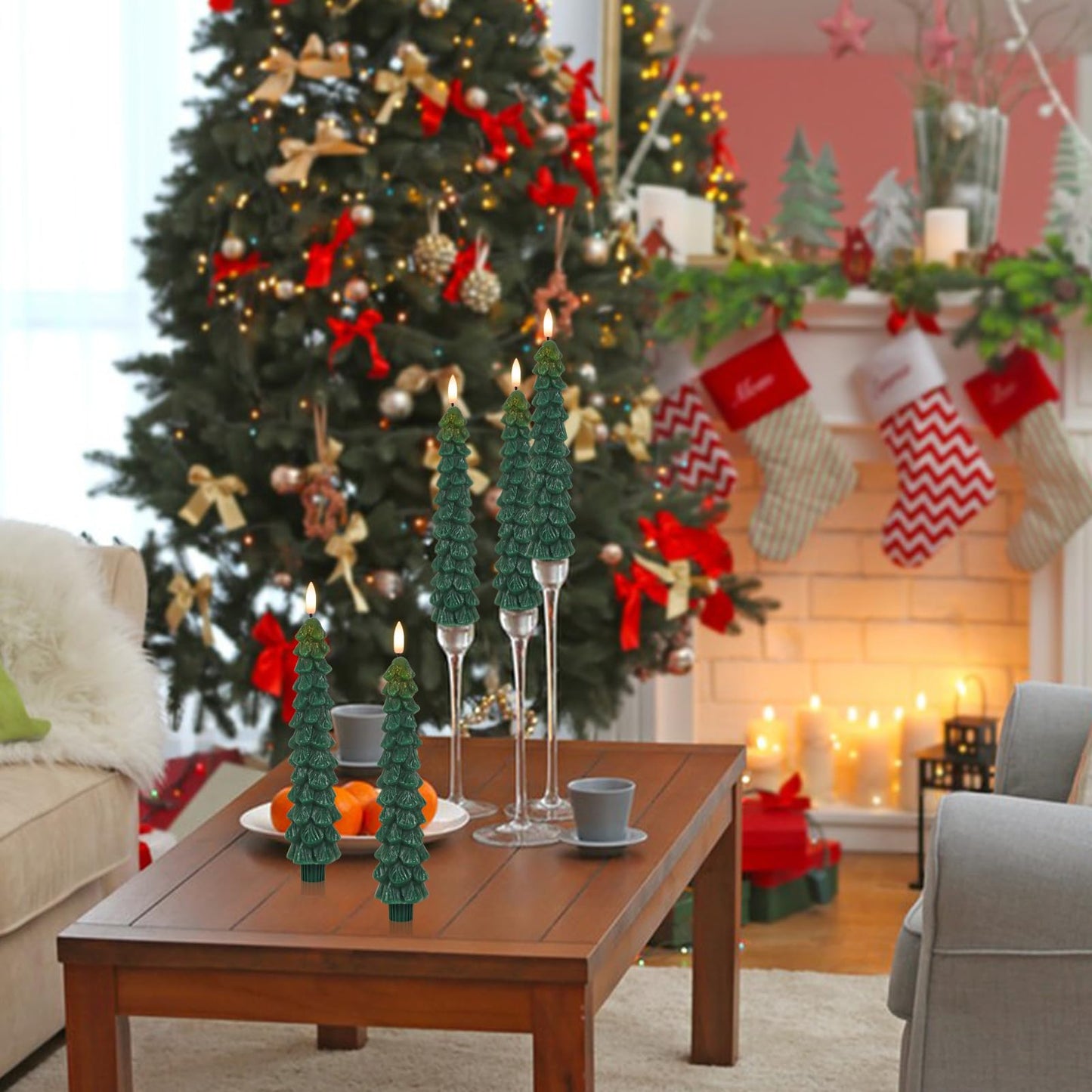 DRomance Christmas Tree Flameless Taper Candles Battery Operated with 10-Key Remote and Timer Real Wax LED Taper Candles 3D Wick Flickering Lifelike Leaves Dinner Xmas Holiday Decoration Set of 4