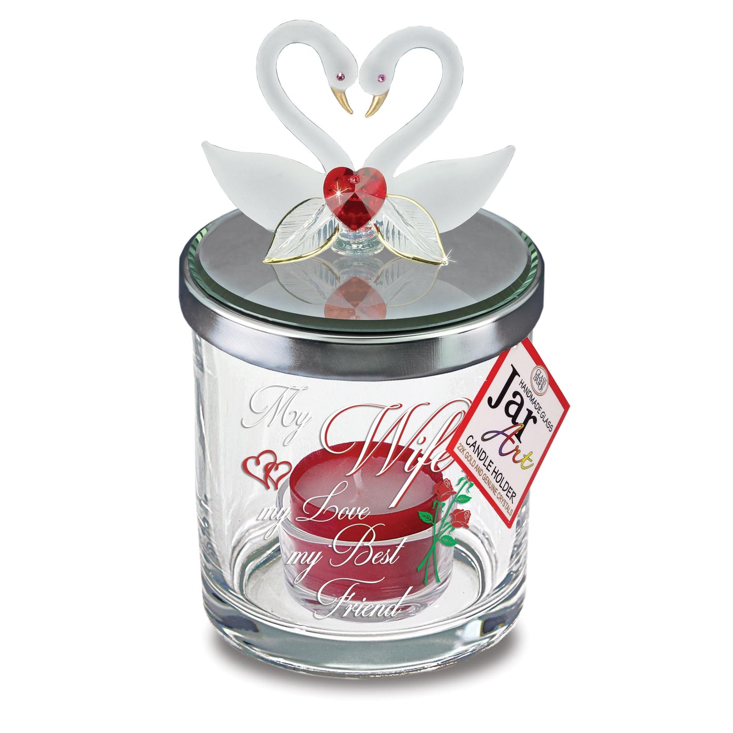 Glass Baron Candle Holder Jar, Blown Glass Swans in Love Lid with 22K Gold & Austrian Crystal Accents, 5.5 x 3 inches