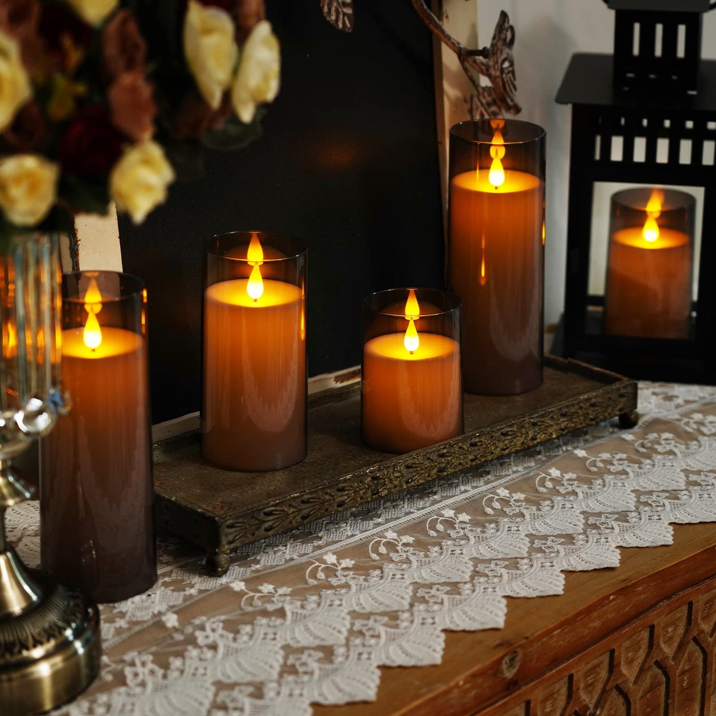 Homemory Gray Flickering Flameless Candles, Battery Operated Acrylic LED Pillar Candles with Remote Control and Timer, Halloween Decor, Set of 9