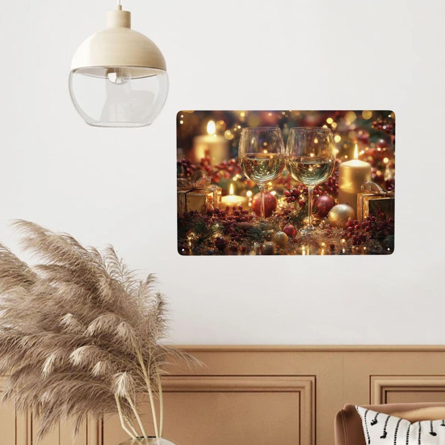 MA6GE8DE Festive Wine Glasses With Candles, Red Berries, Gold Gifts, Sparkling Bokeh,Metal Tin Plaque Sign, Ideal For Living Room And Kitchen Restaurant,Easy To Hang 6x8 Inch