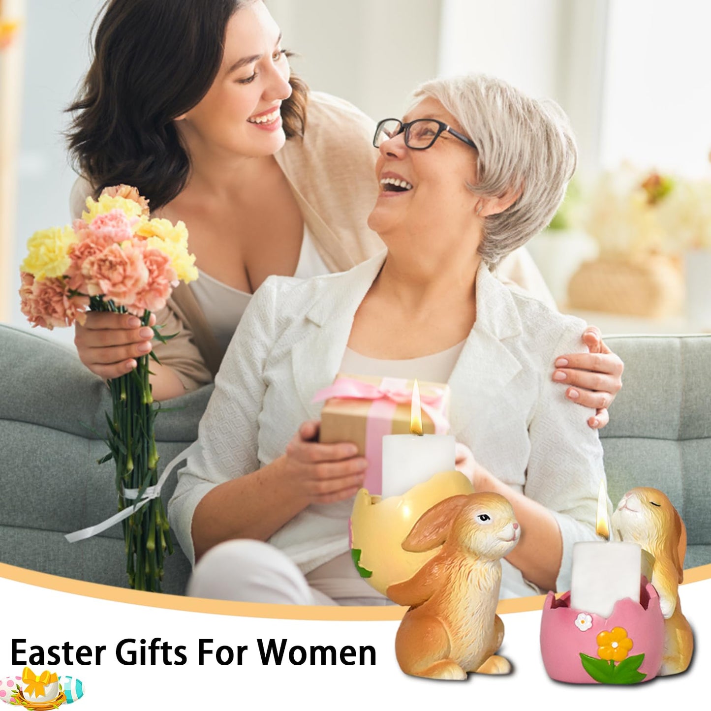 AMOYYT Easter Bunny Decorations Indoor Easter Bunny Figurines 3.5 inch Rabbit Figurines Home Decor 2Pcs Resin Rabbit Candle Holder Table Mantel Spring Decoration for Mom