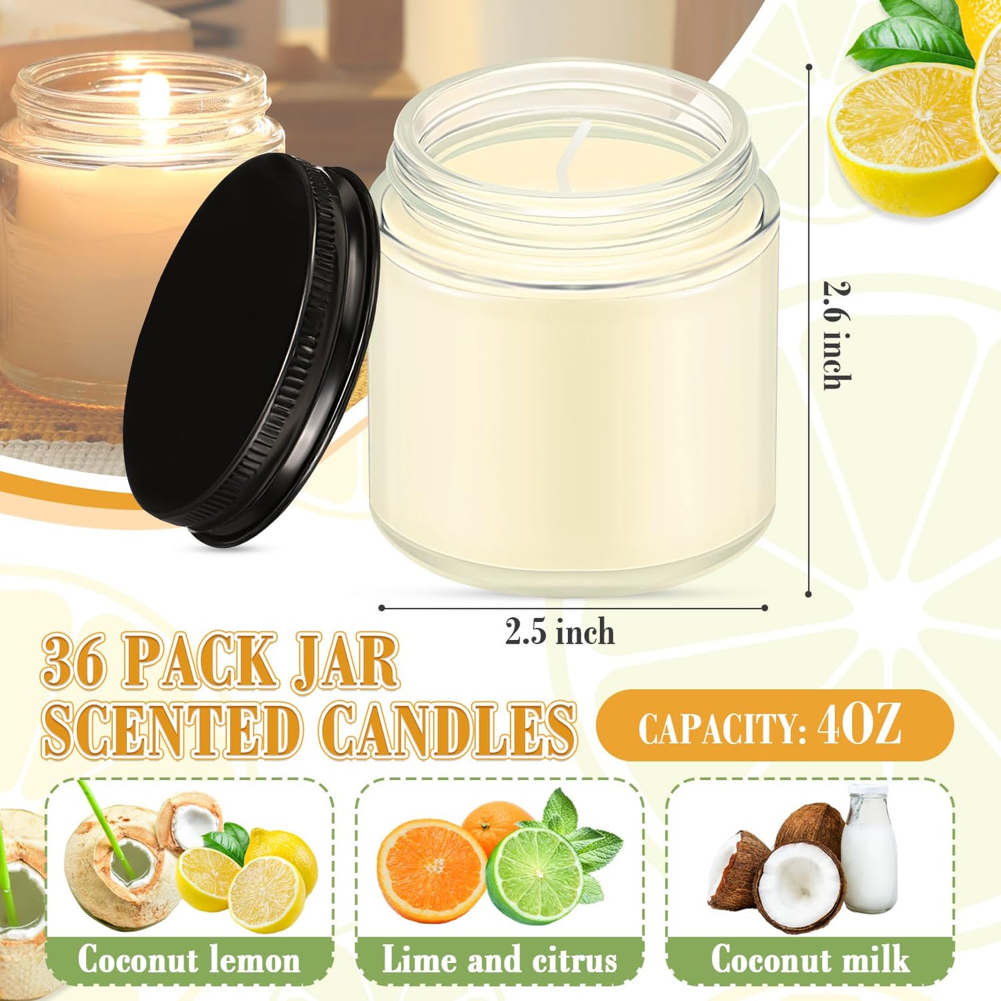 MTLEE 36 Pcs Mini Mason Jar Candles Favors Bulk 4 oz Small Scented Jar Candles with Lids for Birthday Wedding Party Gift(Lemon, Citrus, Coconut Milk)