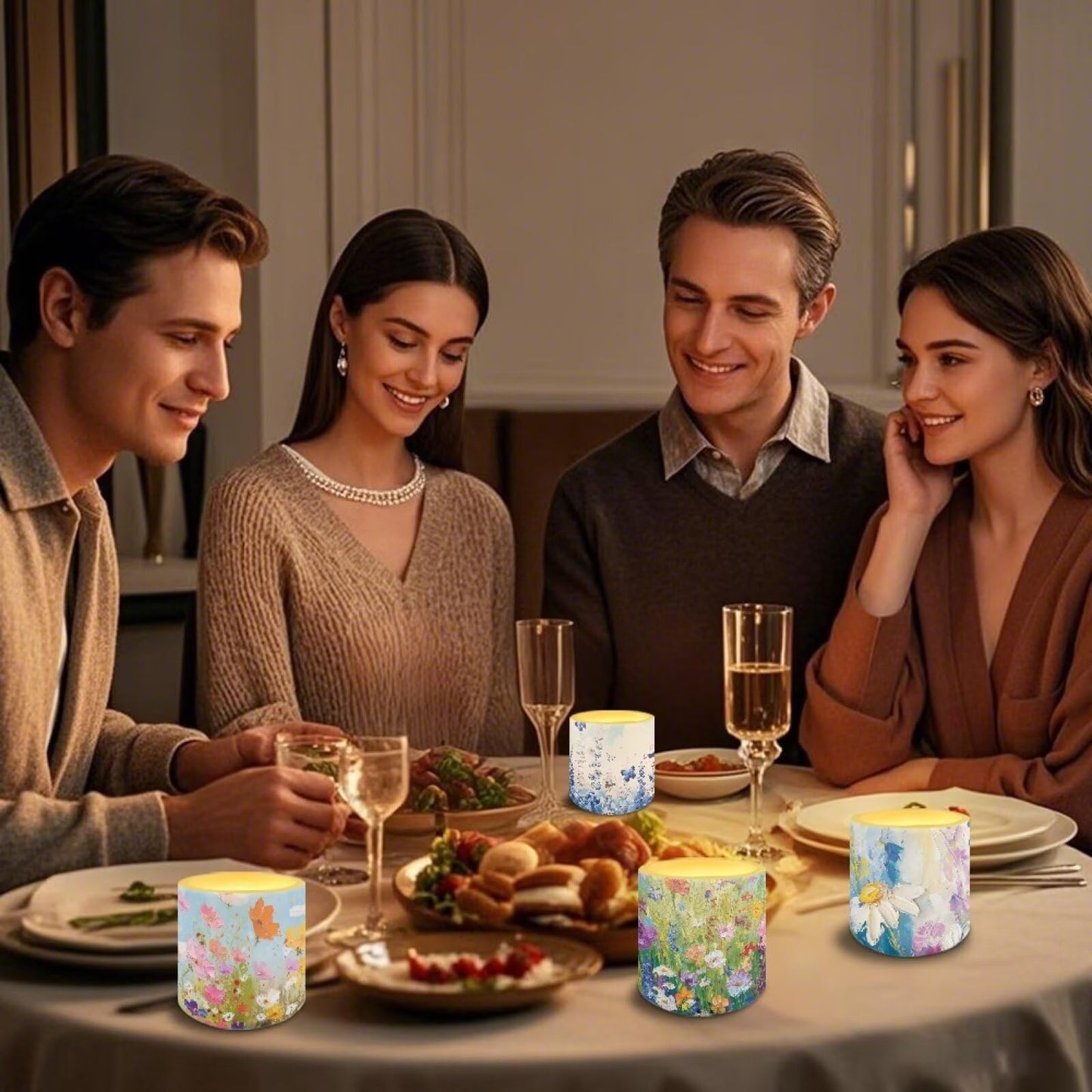 NETILGEN 3 inch Flameless LED Candles with Remote Timer Set of 4 Watercolor Daisy Floral Print Realistic Flickering Flameless Candles with Battery Powered